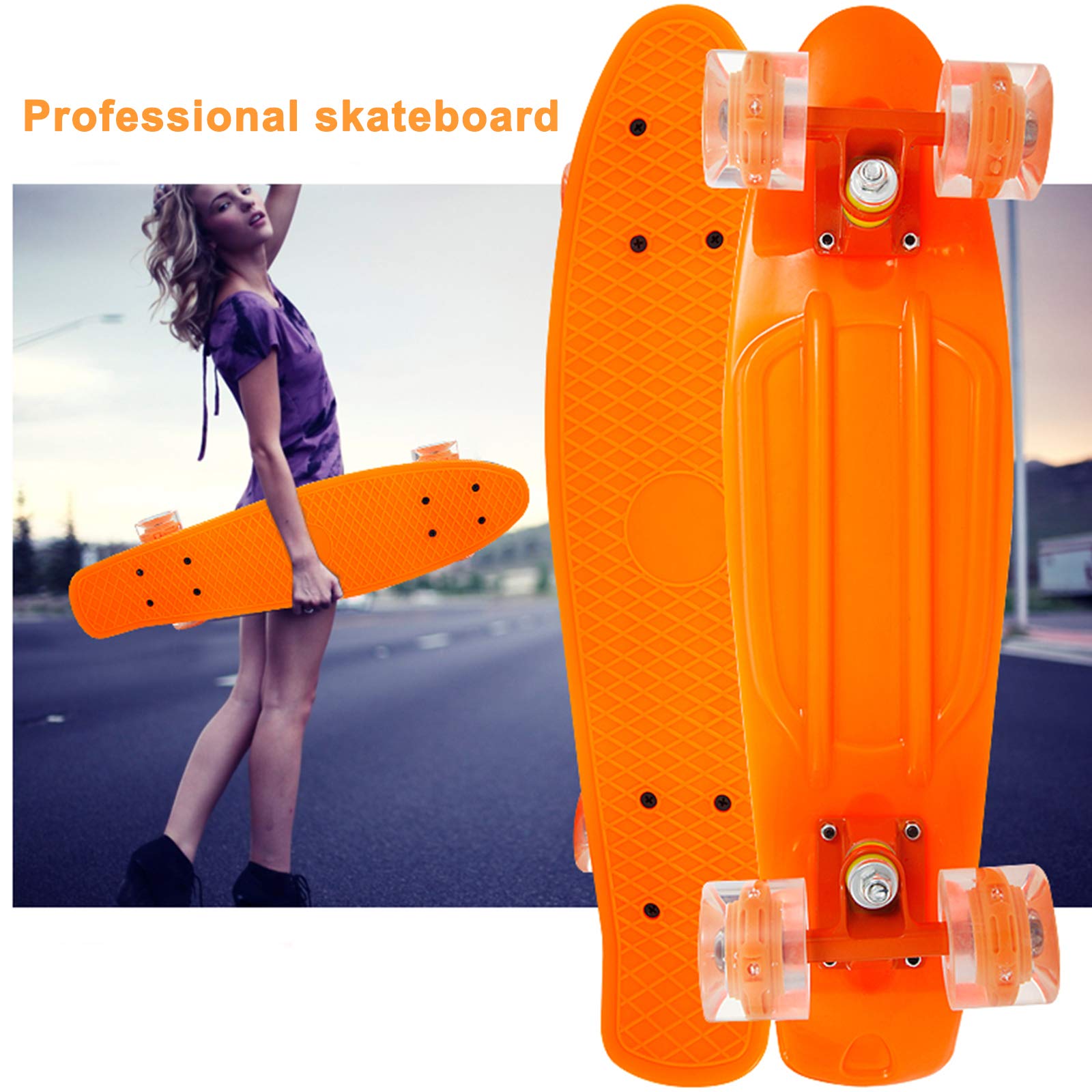Skateboard 56cm/ 22 Zoll Mini Cruiser Skateboard mit LED Light Up Rädern, Kunststoff Skateboard Board für Anfänger Teenager Erwachsene Kinder (mit All-In-One Skate T-Tool)