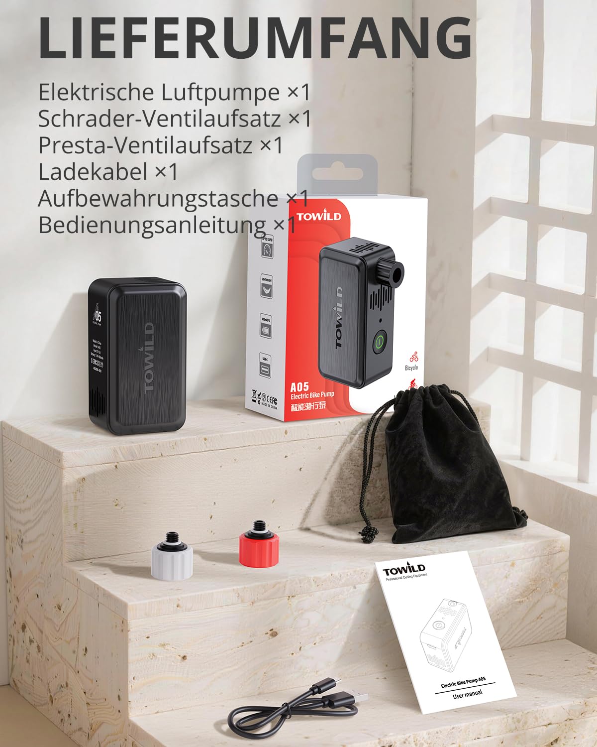 TOWILD A05 Elektrische Fahrradluftpumpe 130 PSI - Mini Luftkompressor mit LED-Licht - Tragbare Fahrradpumpe mit 2×400 mAh Akku, USB-C Aufladung, Presta & Schrader Ventil für E-Bike, MTB, Rennrad