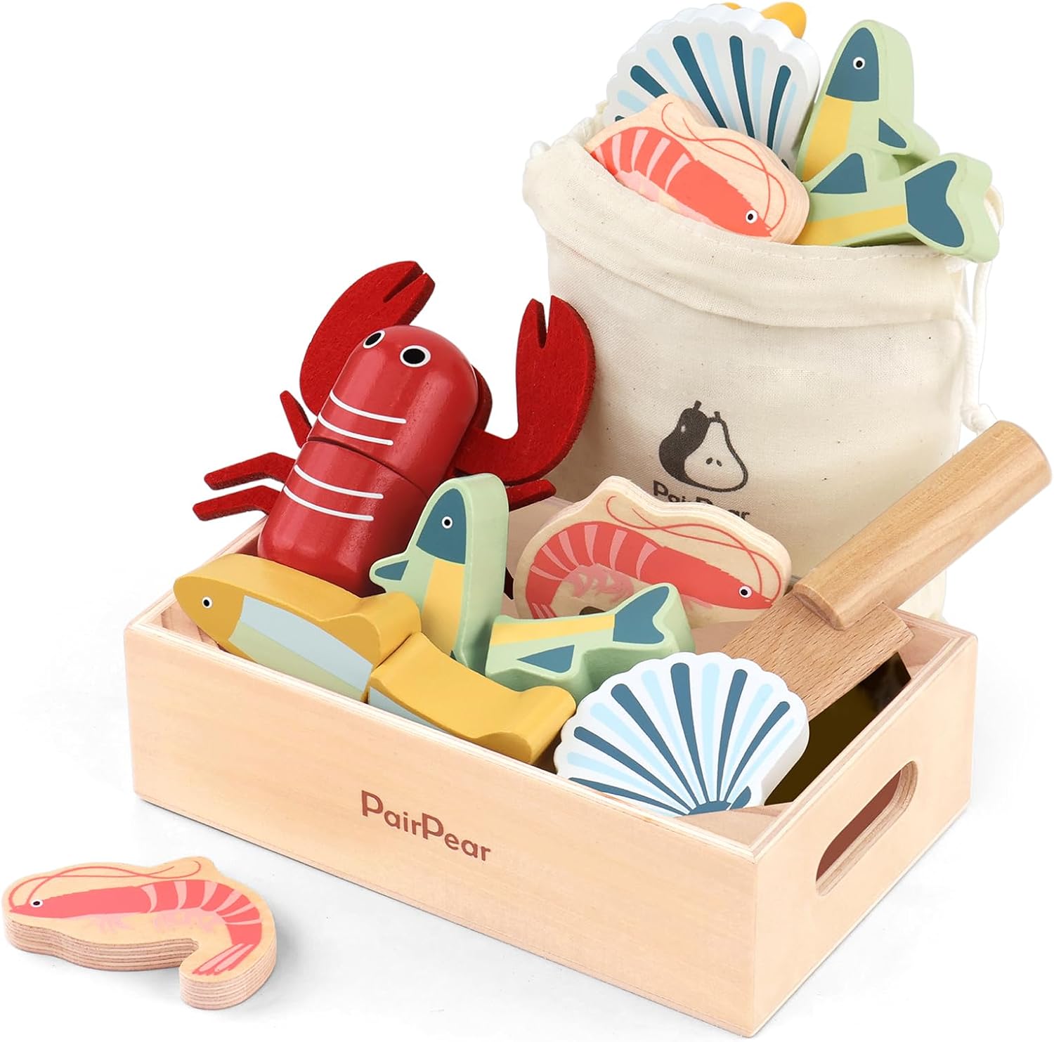 PairPear Wooden Play Food Cutting Seafood Set - Toddlers Wooden Toy Food Pretend Play Kitchen Accessories for 3 Years Old Boys Girls Early Education Toys Gift