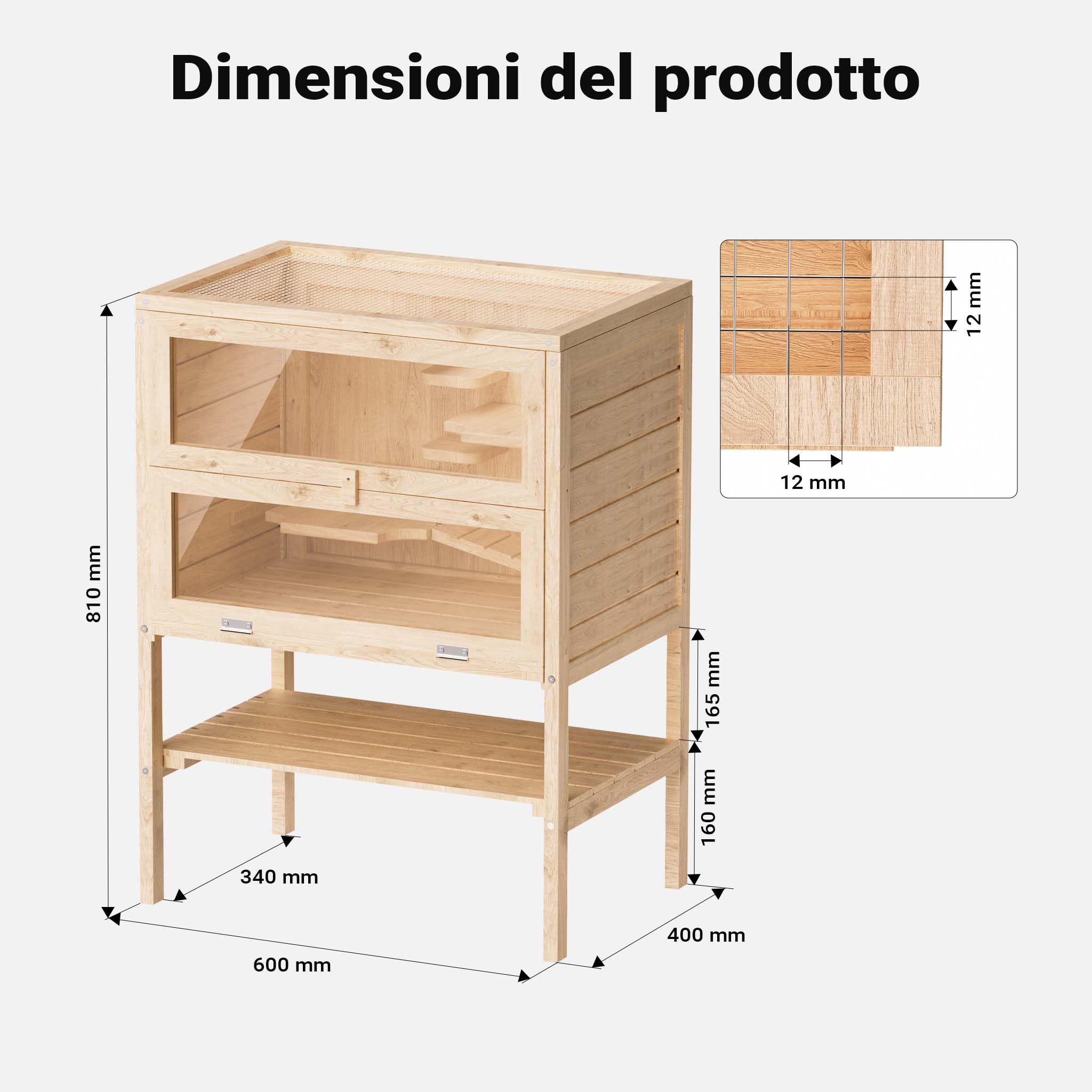 Gabbia per roditori piccoli animali a 3 livelli in legno e plexiglas con tetto apribile