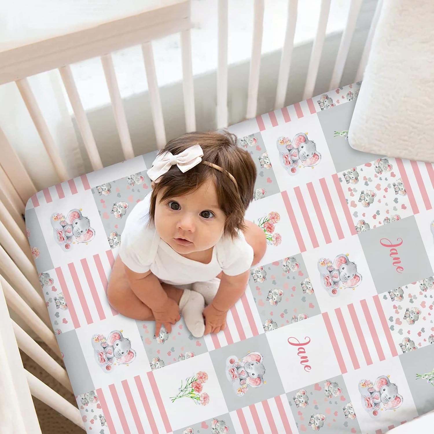 Personalized Floral Elephants Pink Baby Crib Sheets with Name, Custom Flower Crib Mattress Sheets for Baby Girls, Fitted Crib Bedding Sheets, Pack and Play Sheets, Mini Crib Sheet | Name Crib Sheets