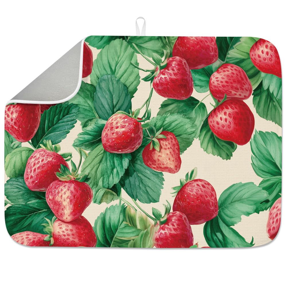 INFUNLY Strawberry Dish Drying Mat 45x60cm Farmhouse Absorbent Dish Draining Mat Fruit Large Heat Resistant Coffee Bar Mats for Table Faucet Sink Coffee Bar Refrigerator