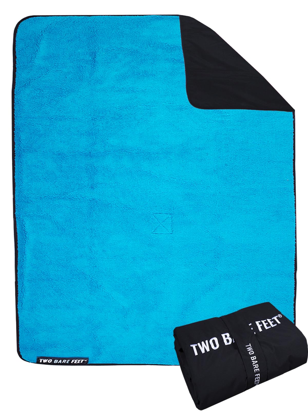Two Bare Feet Sherpa Lined Waterproof Beach Travel Blanket – Warm, Cozy, Windproof Outdoor Blanket for Camping, Picnics, Hiking & Beach Days – Portable & Lightweight (Black/Blue, 145cm x 145cm)