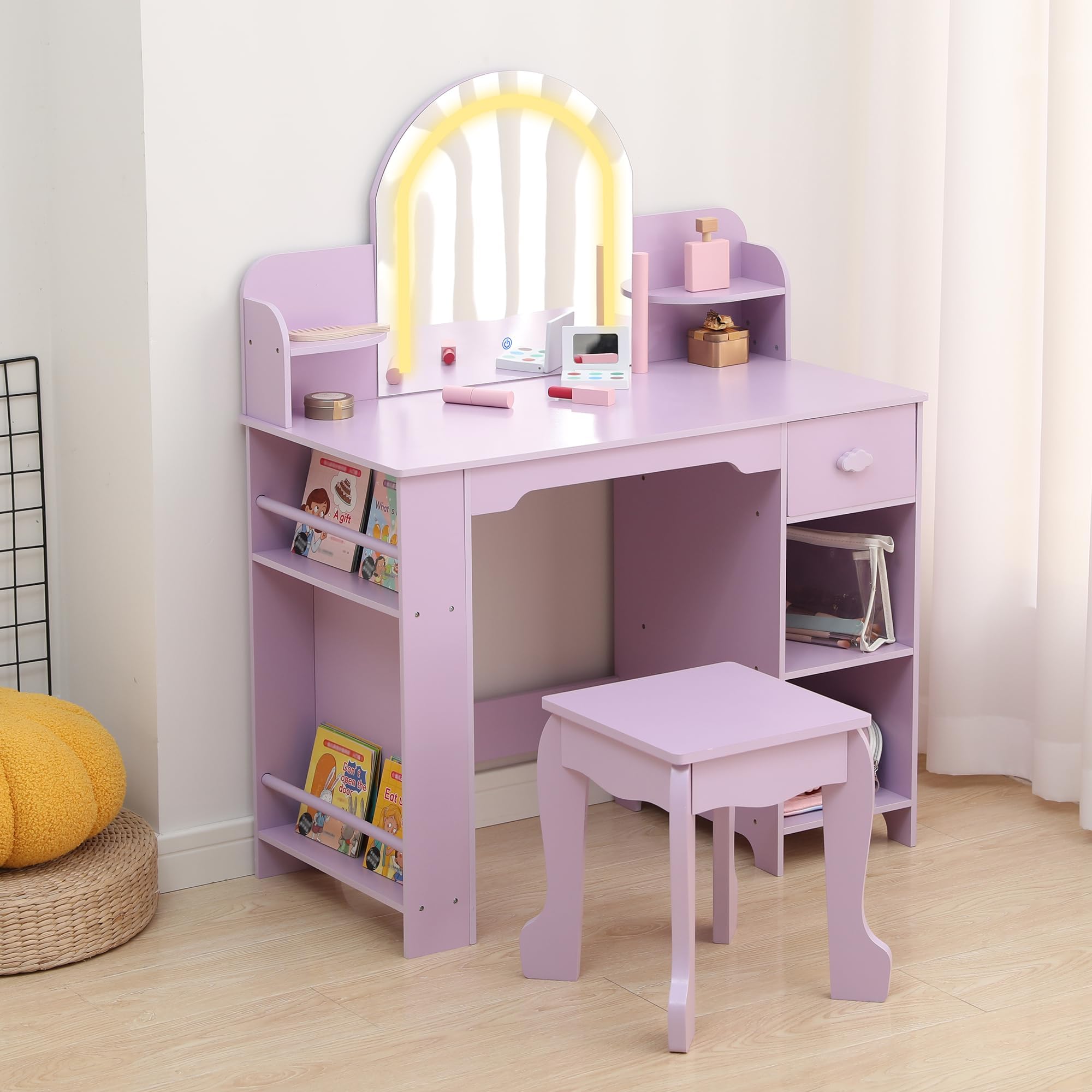 Coiffeuse Enfant avec Miroir LED, Tiroir Et Tabouret