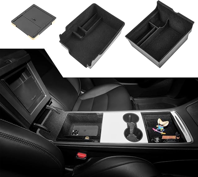 2023 Upgraded 3PCS Model 3 Model Y Flocked Center Console Organizer Tray Hidden Armrest Storage Box for 2023 2022 2021 Tesla