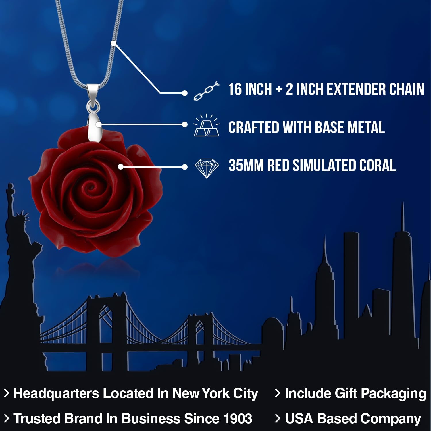 Gem Stone King 35MM Red Simulated Coral Carved Rose Flower Pendant With 16 Inch + 2 Inch Extender Chain - Image 2