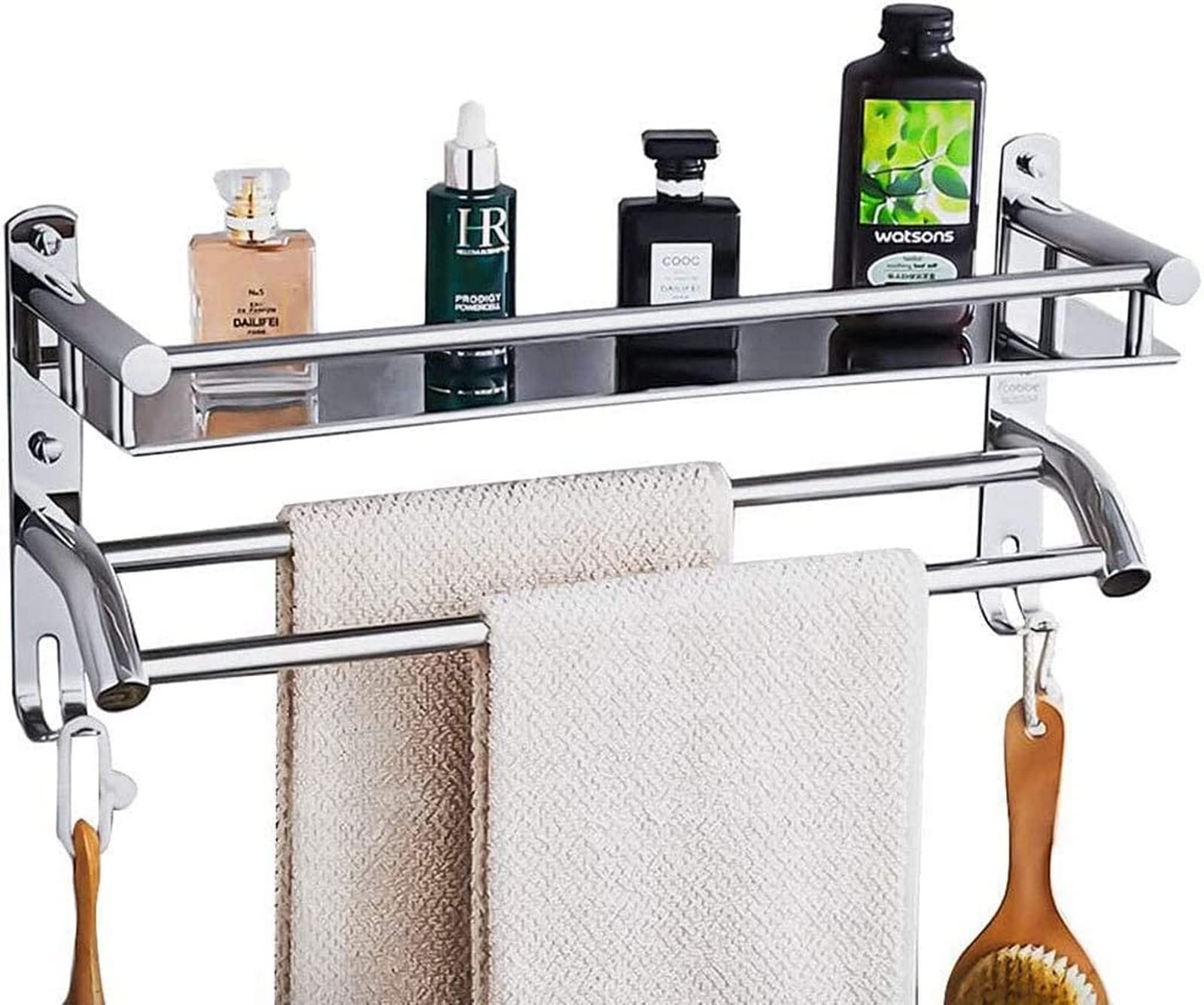 Porte-serviettes de salle de bain mural en inox avec étagère pour optimiser l'espace