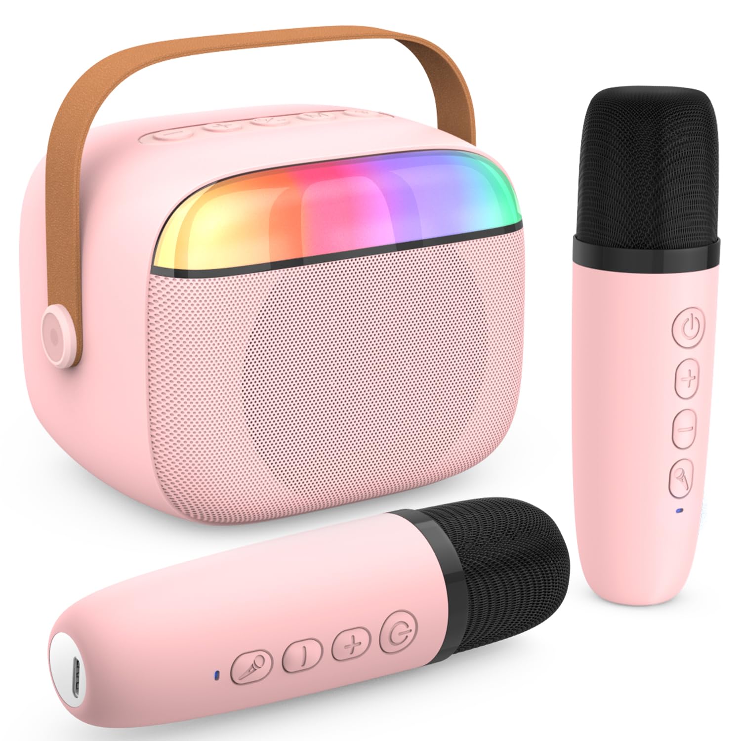 Kids Karaoke Machine,Portable Bluetooth Speaker with 2 Wireless Microphones/LED Light/Voice Changing Effects,Gifts for Age 3-18 Kids Boys Girls Families Birthday Party,Pink
