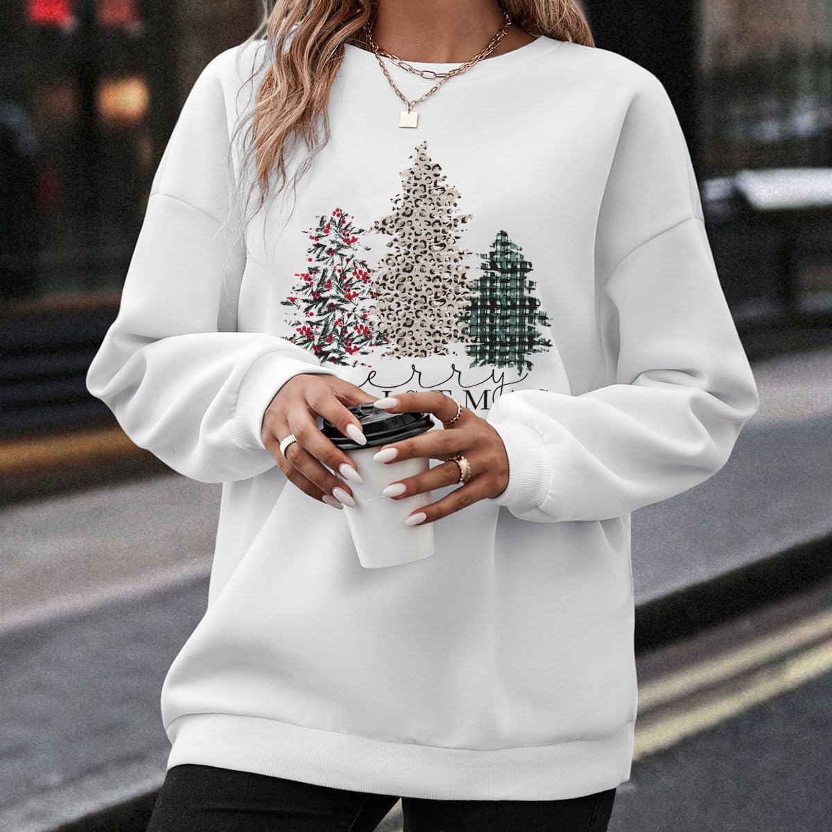 IZYJOY Merry Christmas Sweatshirt for Women Xmas Tree Graphic Long Sleeve Pullover Crewneck Oversized Lightweight Holiday Top - Image 4