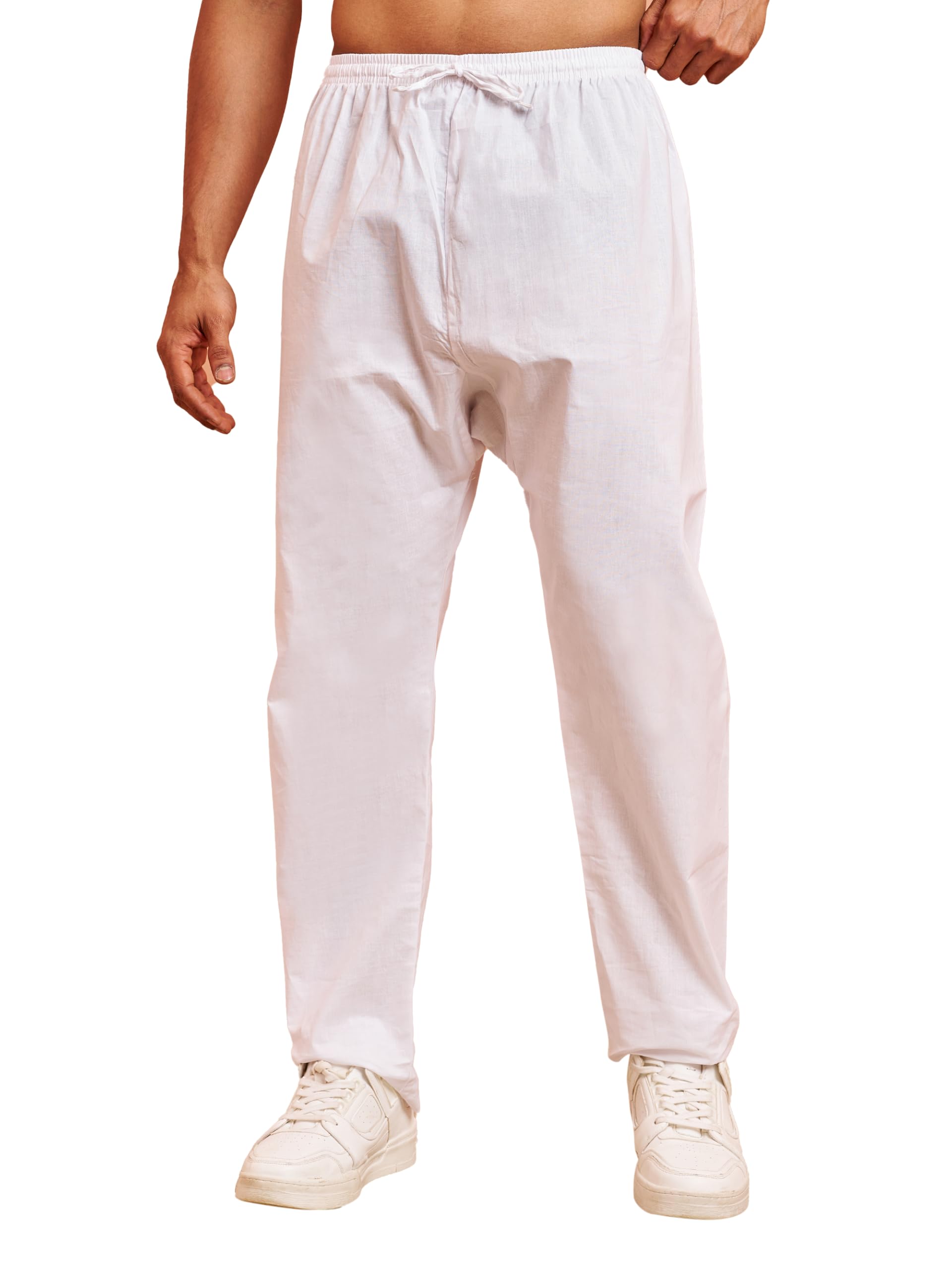 vastramay Men White Cotton Pyjama - Solid Pattern Drawstring Elastic Waist Festive Ethnic Wear-picture-10