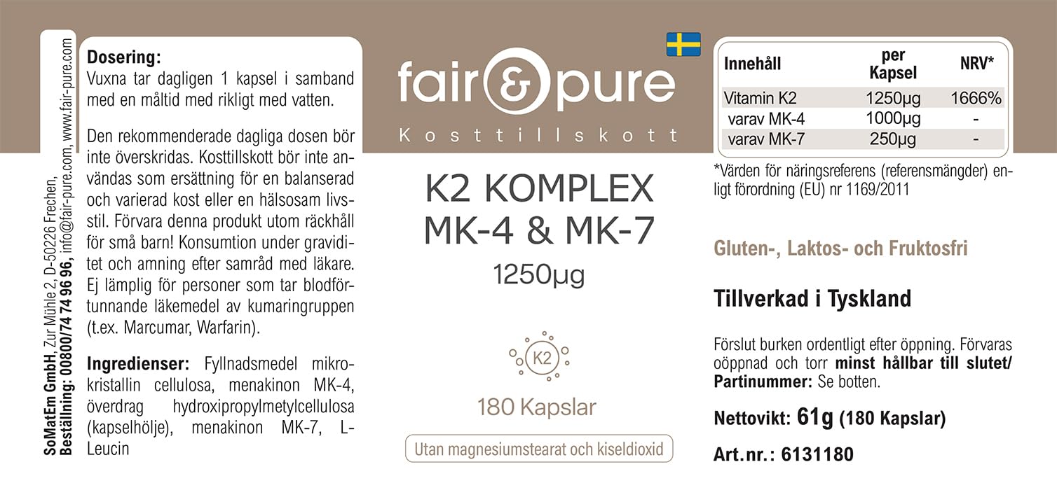 Fair & Pure® - Complexe de K2 1250µg MK-4 & MK-7 - végan - dosage élevé - 180 gélules