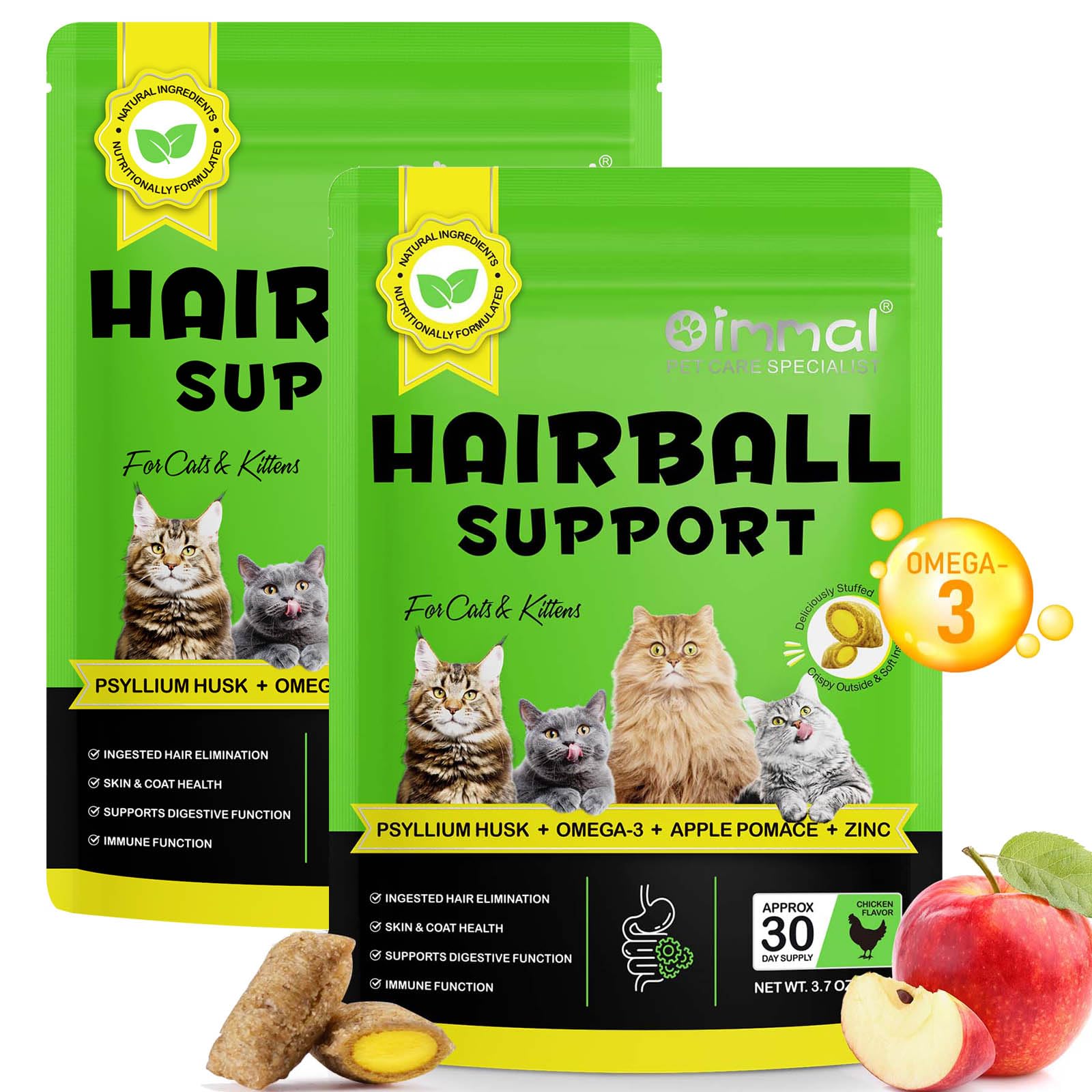 Hairball Lot de 2 traitements pour chats 200 g 60 jours avec oméga-3 et fibres alimentaires Soutient la digestion, la peau et le pelage