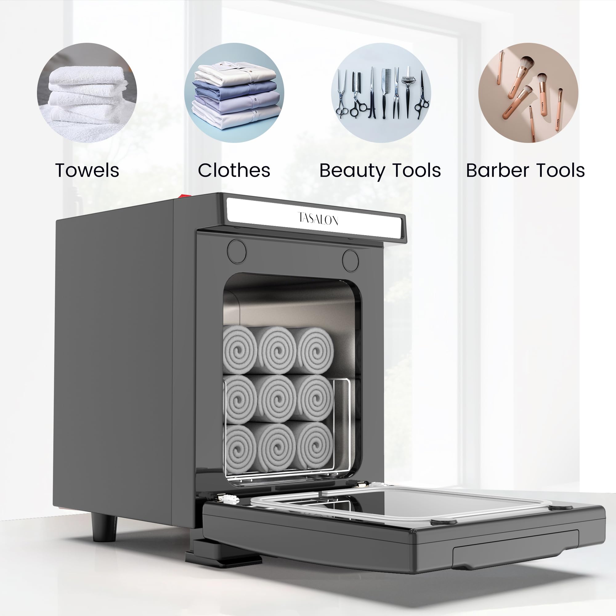 TASALON Calentador de toallas de 5 litros, cámara interior de aluminio, bandeja extraíble, calentamiento rápido para belleza, spa, salón, masaje, color negro