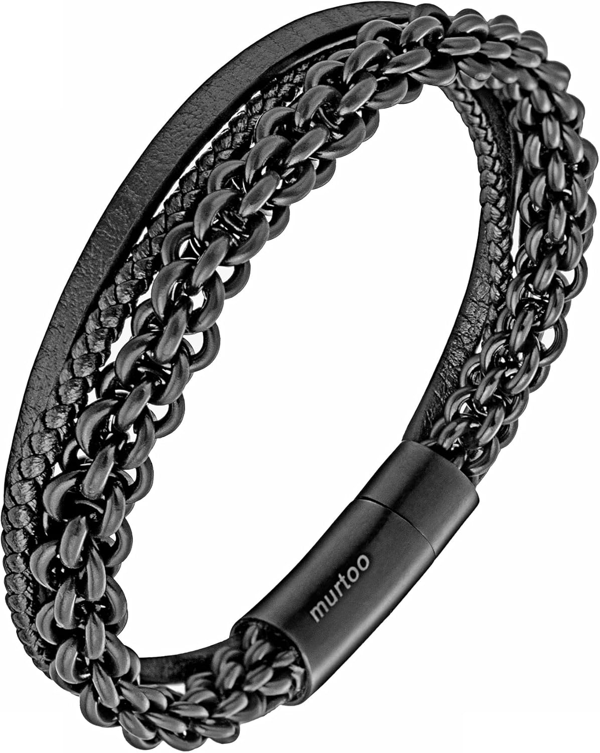 murtoo Mens Bracelet Leather with Steel Chain, 'Chain of Freedom' Brown and Black Leather Bracelet with Adjustable Clasp for Men Gift