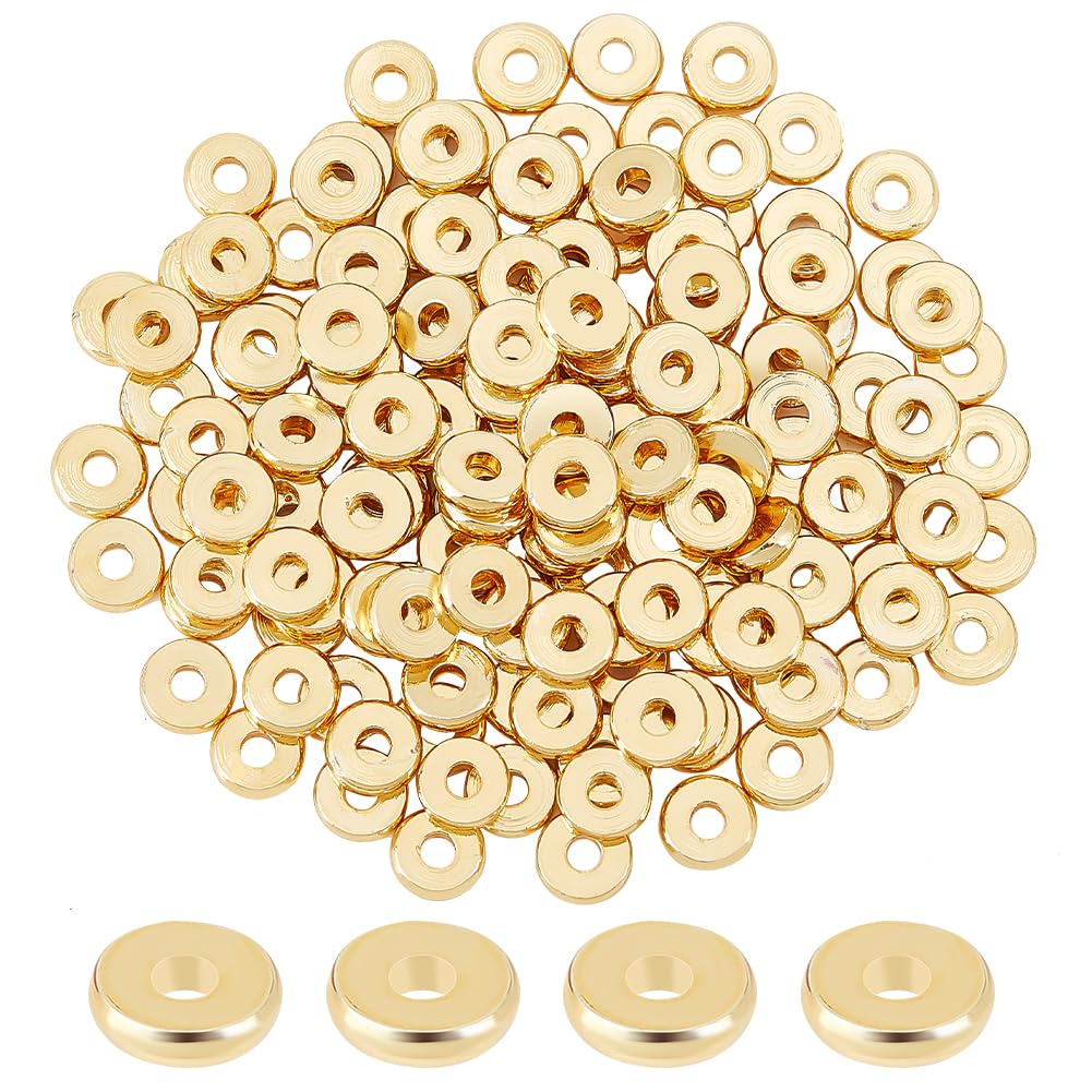 BENECREAT 150Pcs 6mm Flat Round Brass Beads 18K Gold Plated Spacer Beads for Earrings Bracelets Necklaces Making