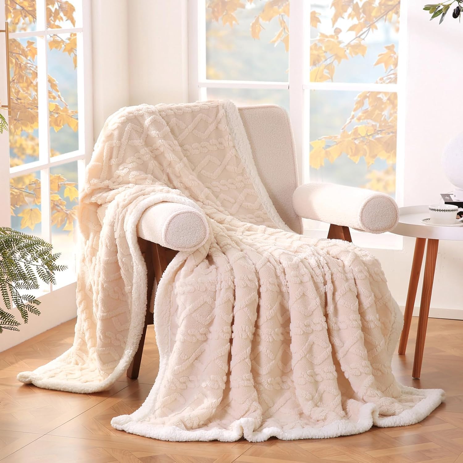 Jacquard Sherpa Throw Blanket Cream White 200 * 230