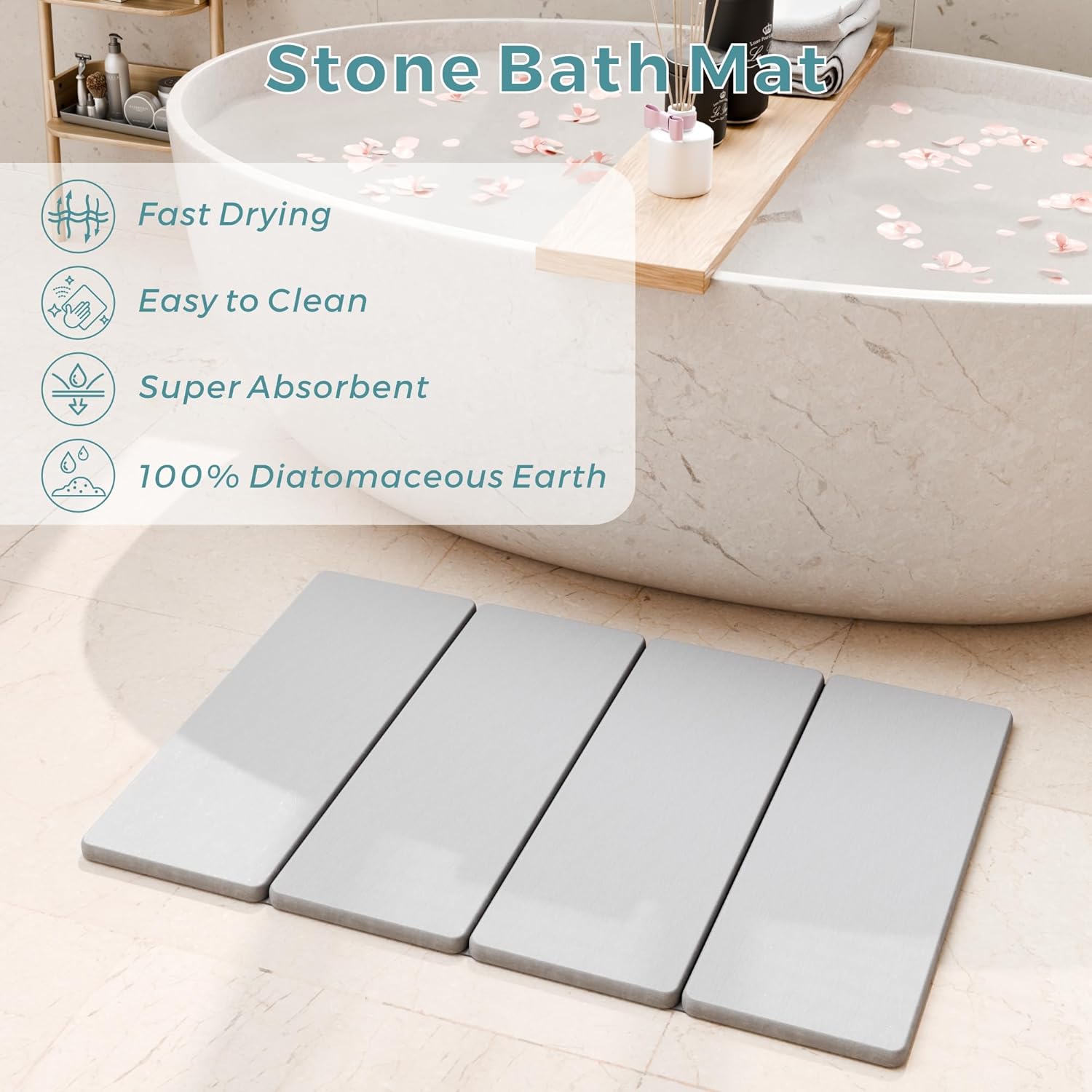 Summer&Kiss Foldable Stone Bath Mats for Bathroom, Non-Slip Diatomaceous Earth Mat, Super Absorbent & Quick Drying, Dish Drying Mats for Kitchen Counter, Easy to Clean & Store,23.5" x 15.4",Light Gray