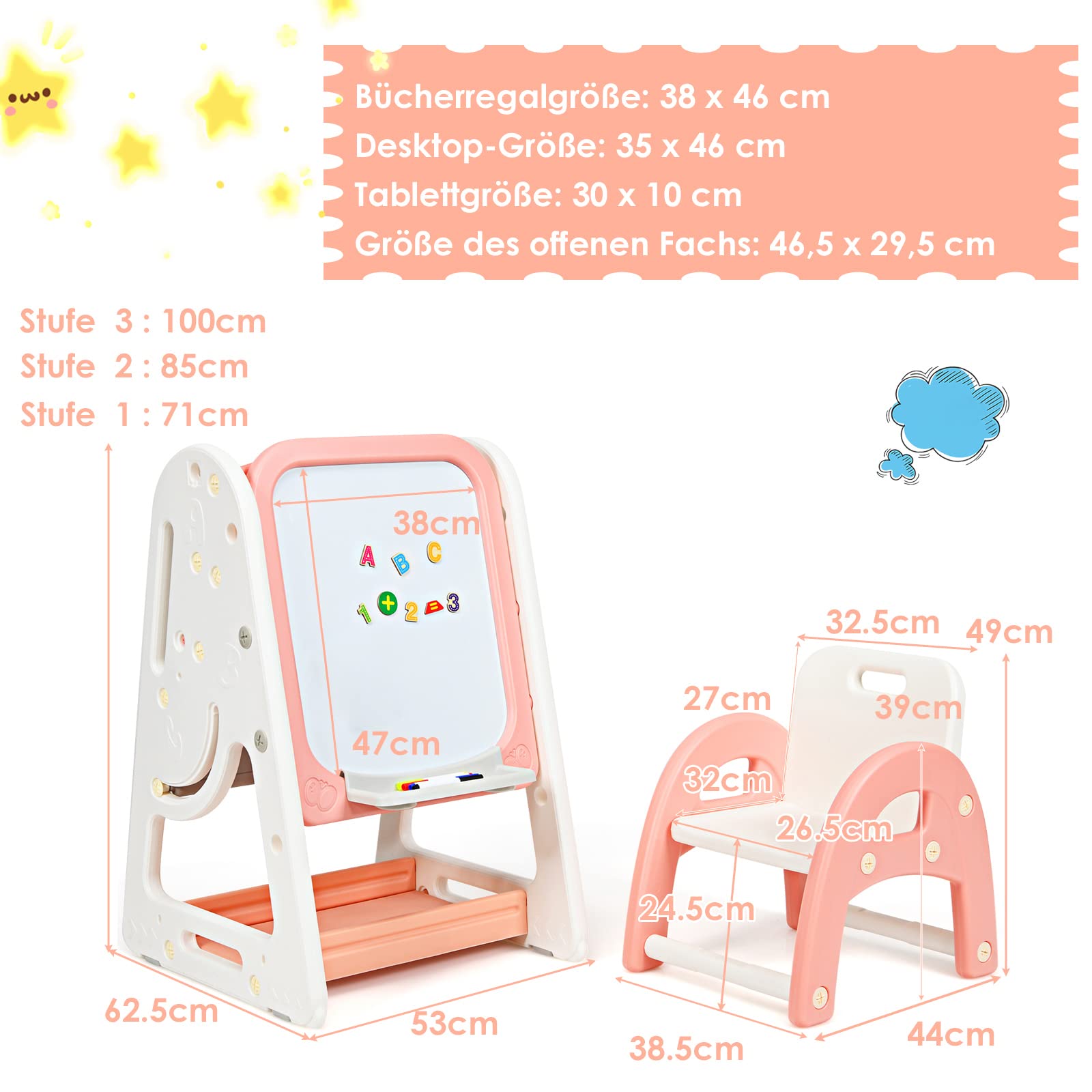 COSTWAY 2 in 1 Kinder Staffelei & Kindersitzgruppe mit Bücherregal, Kindertisch & -stuhl mit Aufbewahrungsablage und klappbarer Tischplatte, Standtafel mit Malzubehör (Orange)