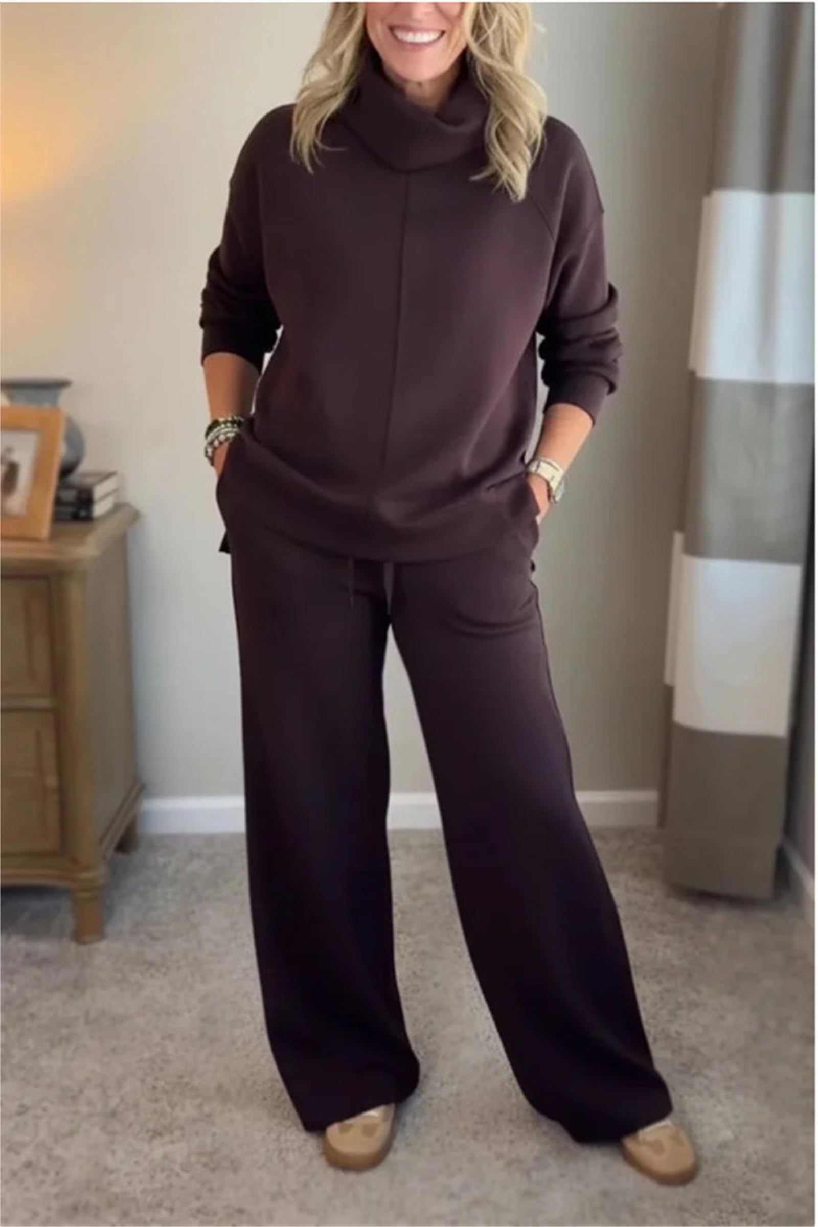 Conjunto deportivo de 2 piezas para mujer, conjunto de sudadera de cuello alto de gran tamaño, conjunto de pantalones de pierna ancha, ropa de descanso, viajes, ropa de descanso