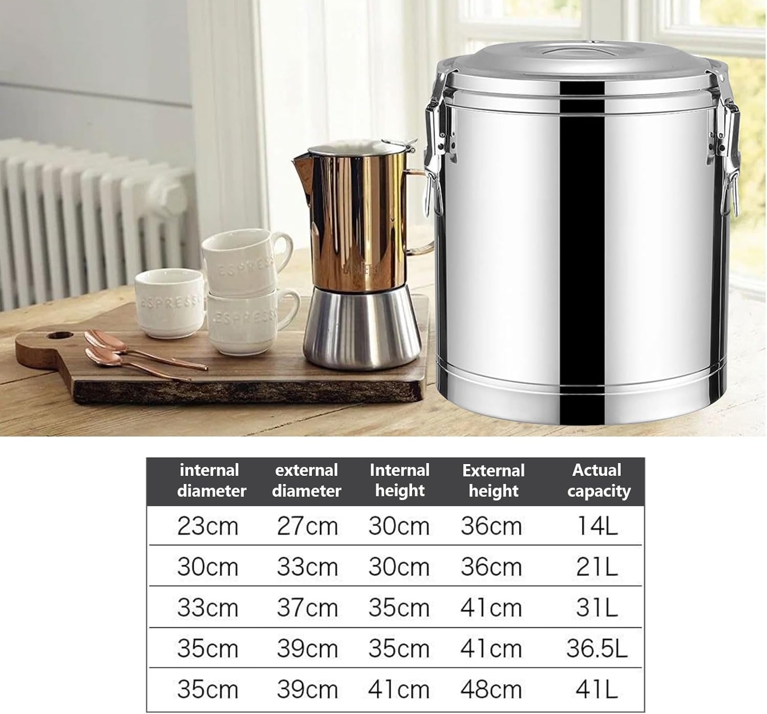 AIZYR Stainless Steel Insulation Barrel Heat Preservation Container Large Capacity Food Insulated Barrel for Hot Water, Tea & Coffee, Cold Milk, Juice,36.5L