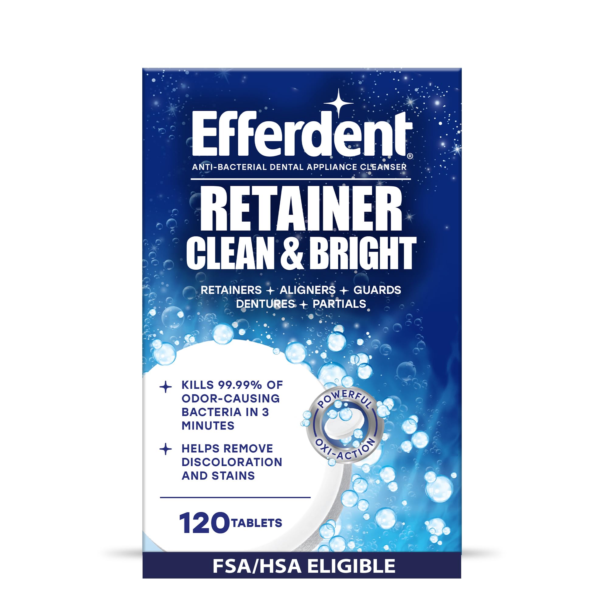 Retainer Cleaner Tablets for Aligners, Mouth Guards & Night Guards, Clean & Bright, 120 Count, 3-Minute Daily Retainer Cleaner, Tough Stain & Odor Remover for Dental Appliances