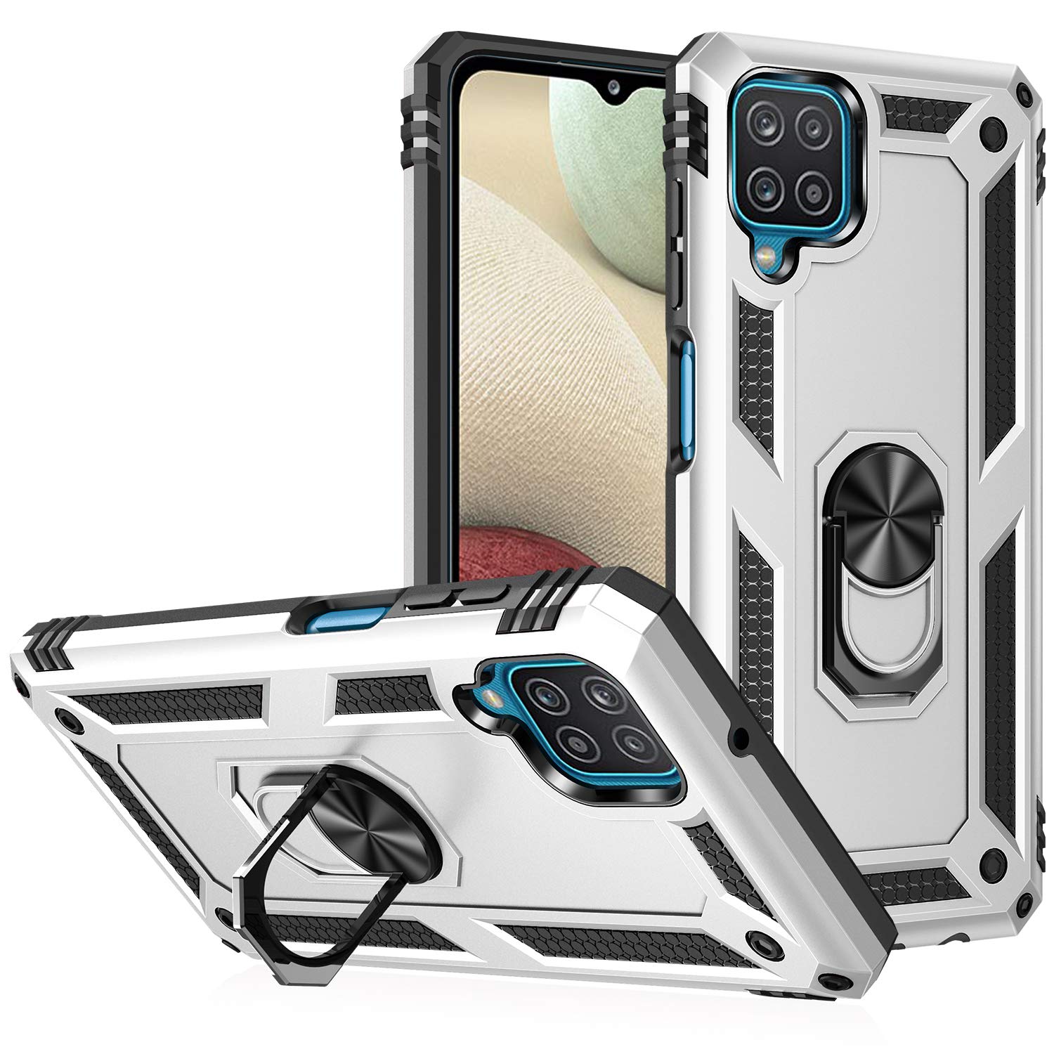 Dionsibei Military Grade Drop Impact for Samsung Galaxy A12 Case Galaxy A12 5G Case 360 Metal Rotating Ring Kickstand Holder Armor Heavy Duty