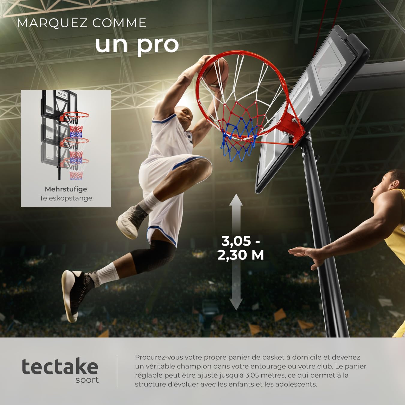 tectake® Panier de Basket Exterieur sur Pied pour Enfants & Adultes, Hauteur Réglable idéal pour Sport Enfants Jeu au Ballon de Basket