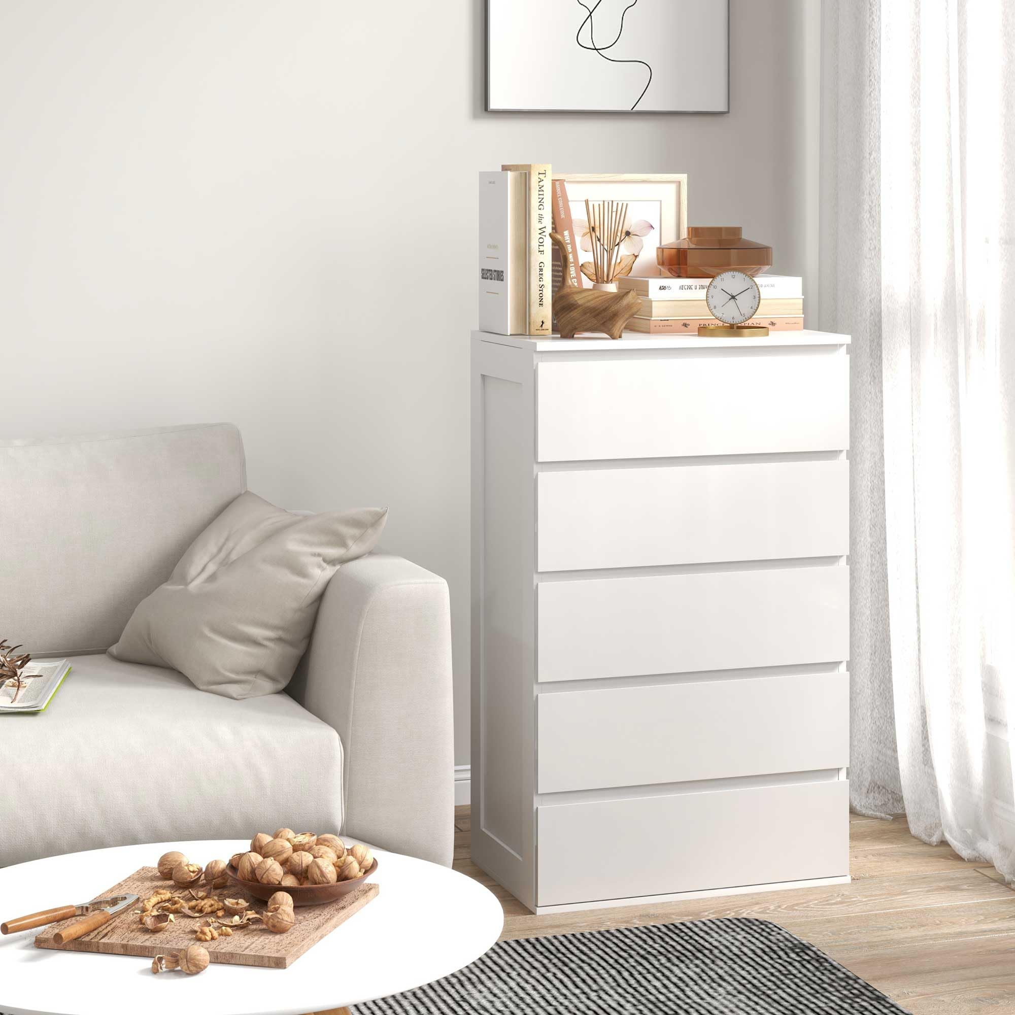 HOMCOM Commode 5 tiroirs, Meuble de Rangement étroit sans poignées, chiffonnier, Style Moderne, Commode pour Chambre à Coucher, Salon, Couloir, 60 x 39 x 100 cm, Blanc