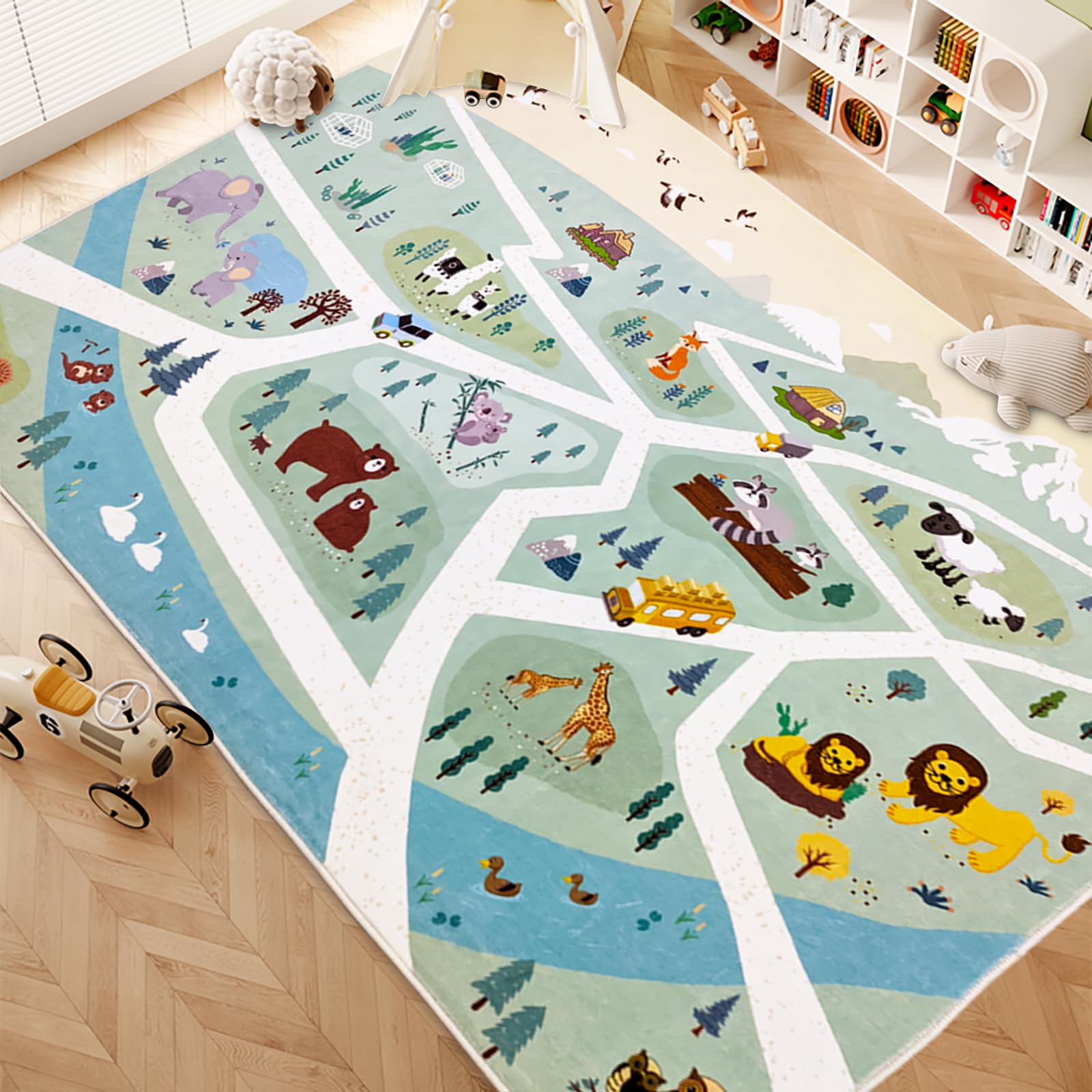 Lacomfy Kids Play Mat Zoo Animal Car Road Rug 8Ft Large Classroom Rug Playroom Classroom Carpet Adventure Area Rug for Boys Girls Children Educational