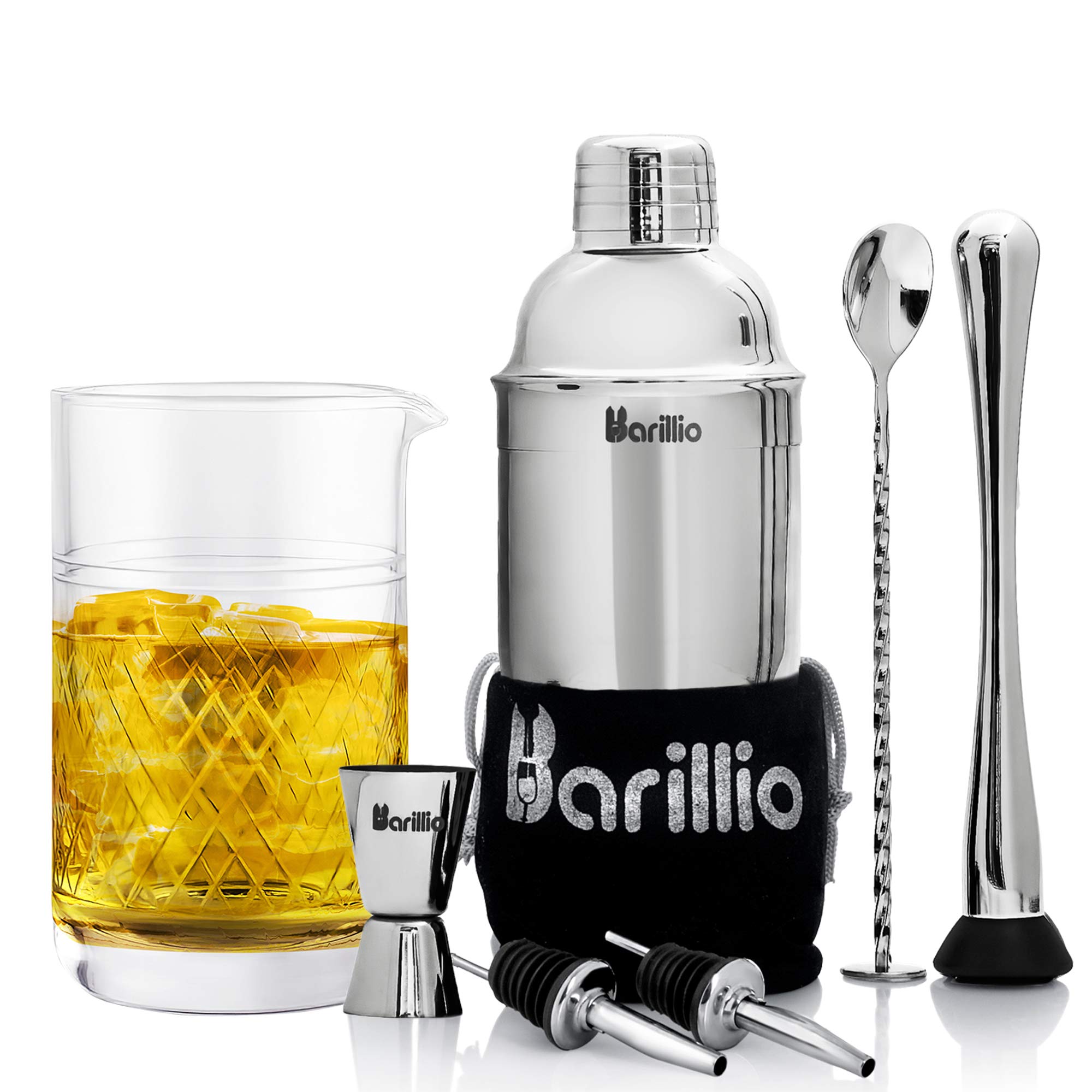 Elite Cocktail Shaker Set Bartender Kit Bundle With 20 Oz Crystal Cocktail Mixing Glass | 24 oz Stainless Steel Martini Mixer & Seamless Mixing Pitcher for Stirred Cocktail with Weighted Bottom