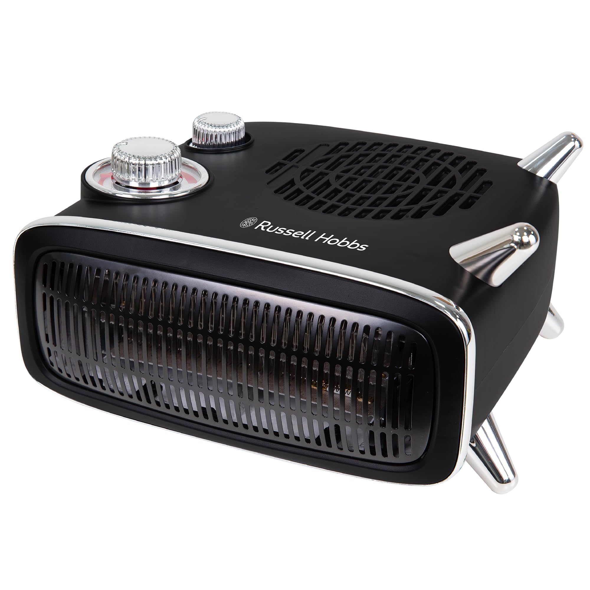 Russell Hobbs RHRETHFH1001B Grzejnik elektryczny 1800 W / 1,8 kW, retro wentylator poziomy/pionowy, z regulowanym termostatem, 2 ustawienia temperatury, 20 m2, sterowanie tarczą, czarny