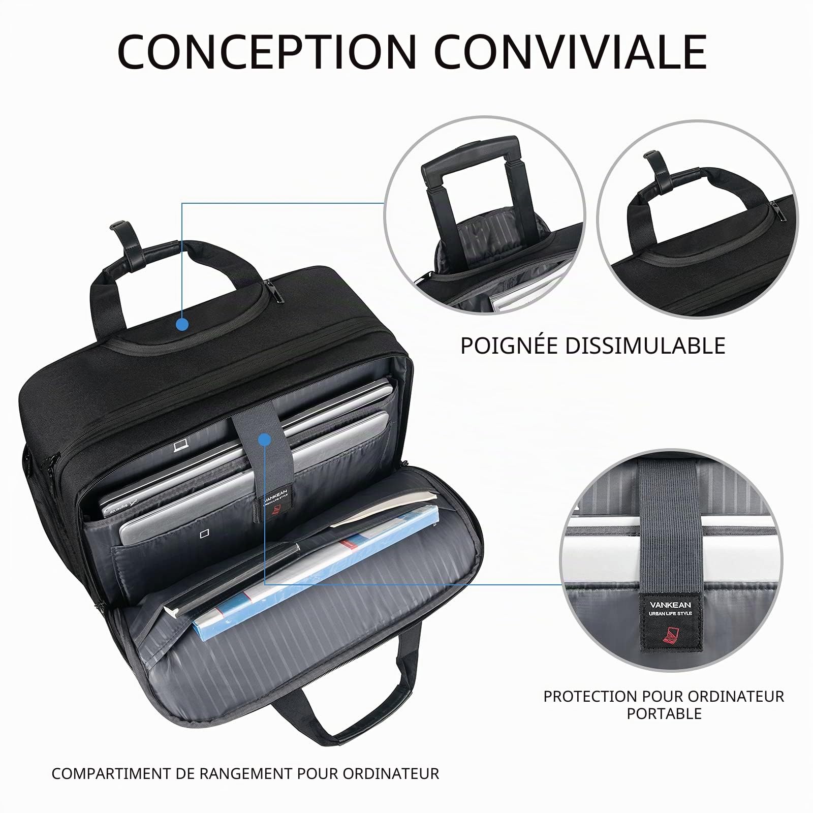 VANKEAN Sacoche à roulettes pour Ordinateur Portable de 17,3" pour Homme, Mallettes à roulettes pour Ordinateur Portable élégante et résistante à l'eau avec Poches RFID pour Voyage