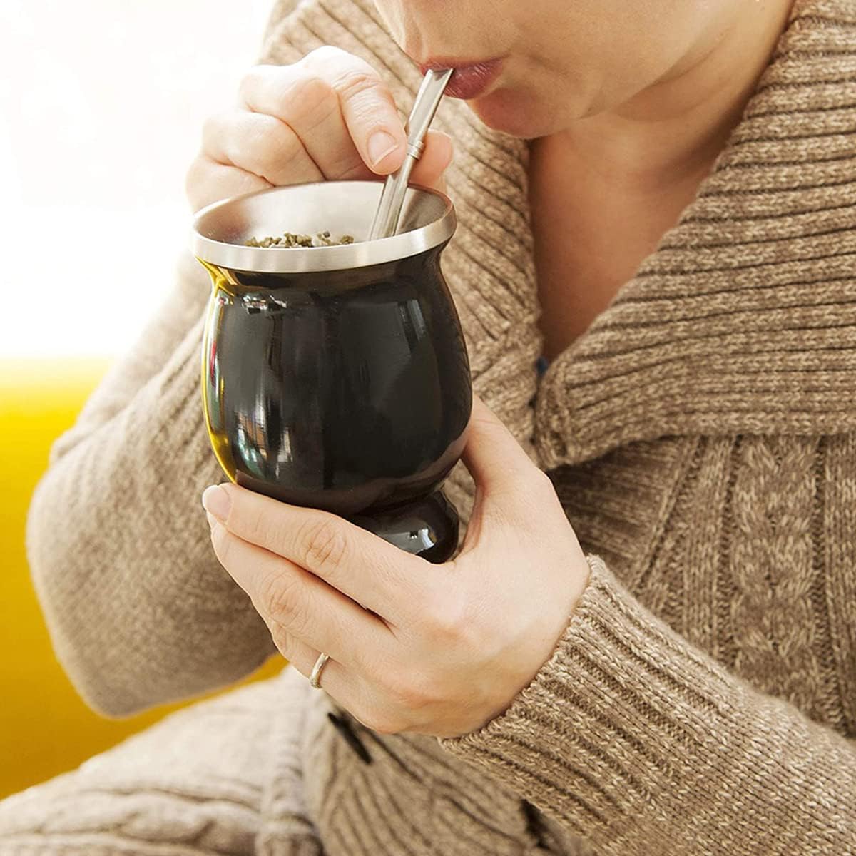 PIQIUQIU tazze da tè Yerba Mate in acciaio inox, 230 ml, a doppia parete, senza BPA, con cannucce e spazzola per la pulizia (nero)