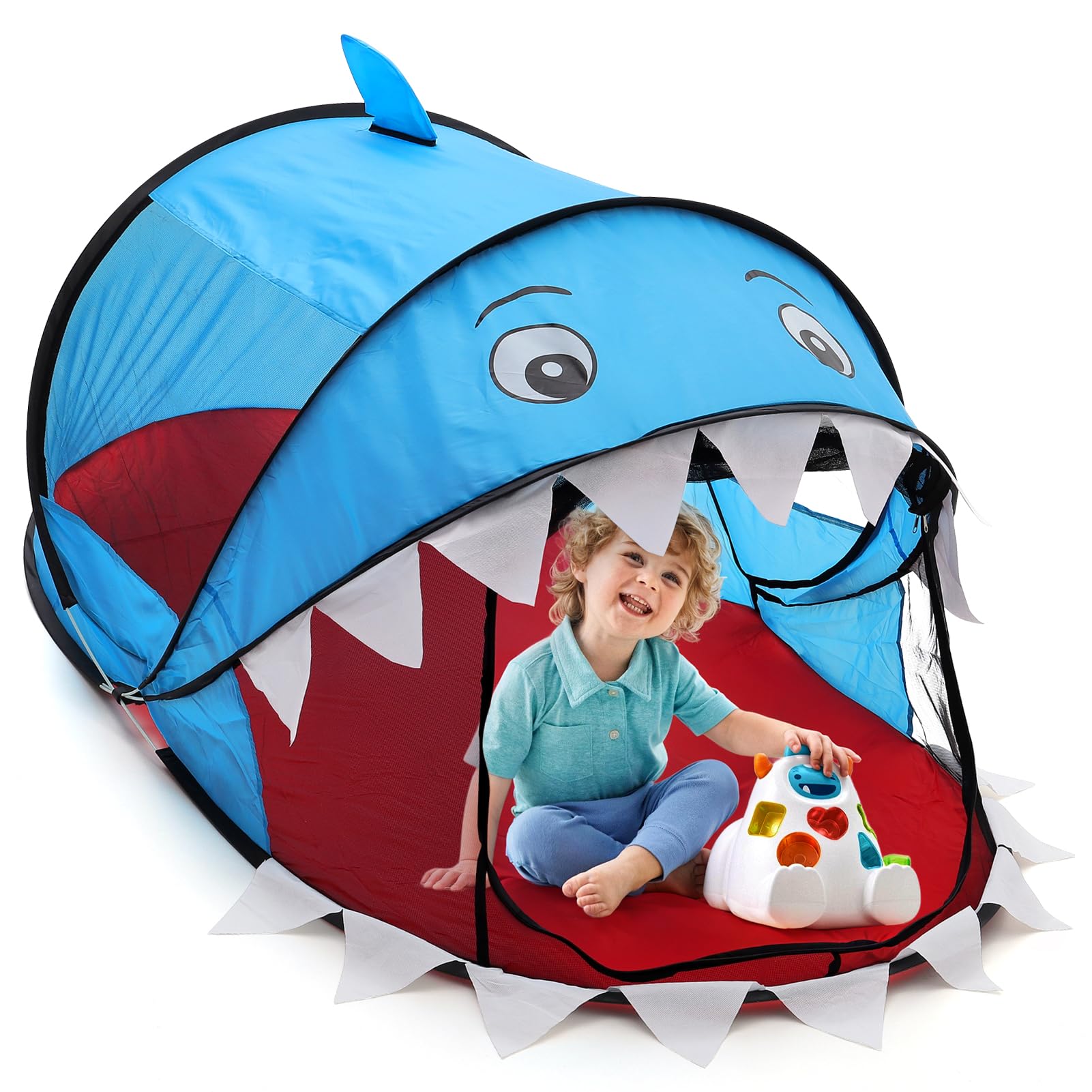 BTGGG Kids Pop Up Tent for Indoor Outdoor, Toddler Tent Pop Up Play Tent for Kids 2 3 4 Years Old, Foldable Portable Playhouse Christmas Birthday Gifts for Age 3-8 Kids 182 x 96 x 82cm, Blue Shark