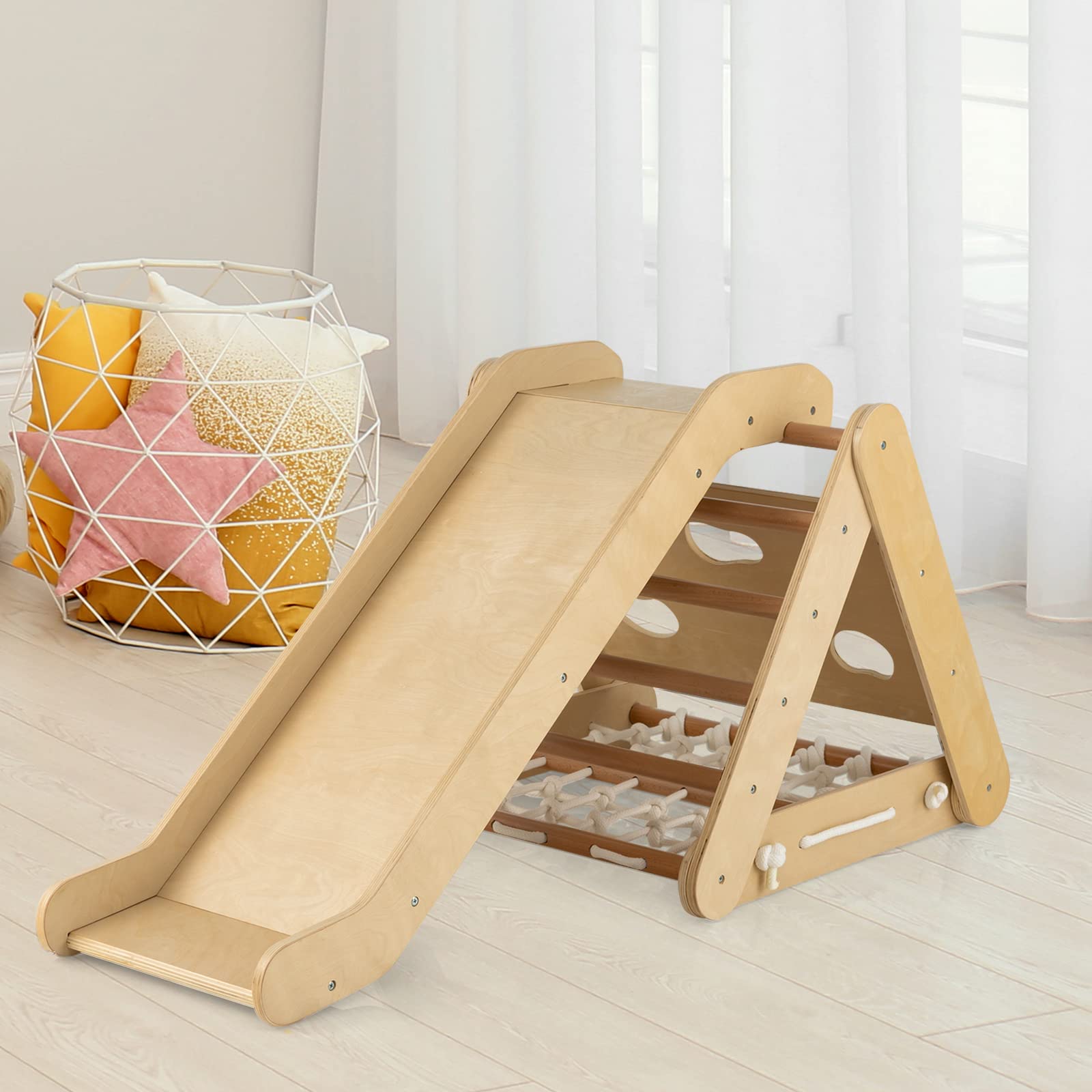 GYMAX 3 in 1 Scala di Arrampicata per Bambini, con Rete di Arrampicata, Tavola e Scala di Arrampicata e Scivolo, Struttura a Triangolo in Legno per Uso Interno (Naturale)