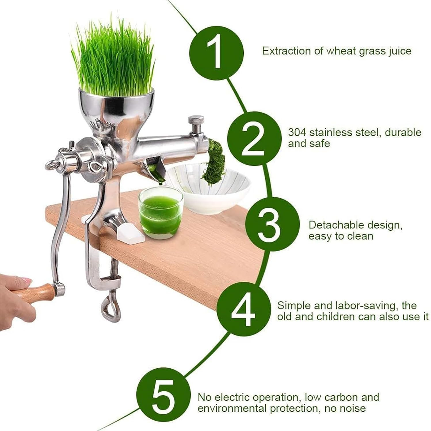 Stainless Steel Hand Crank Wheat Grass Juicer, Manual Wheatgrass Juicer with Countertop Clamp, Inlet Diameter 8.6cm/ Easy To Operate, for Soft Fruit Vegetable Leafy Green