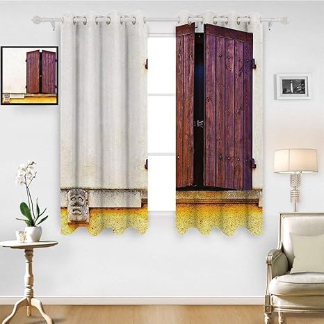 Amazon Hugo ショートバランスカーテン 窓周りの装飾 キッチン リビングルーム シャッターのグラフィックイラスト 木製ウィンドウシャッターの伝統的なスタイル アンシーク ホーム ボーホー グレー ホワイト 55w X 45l Inch ラグ カーテン ファブリック オンライン通販