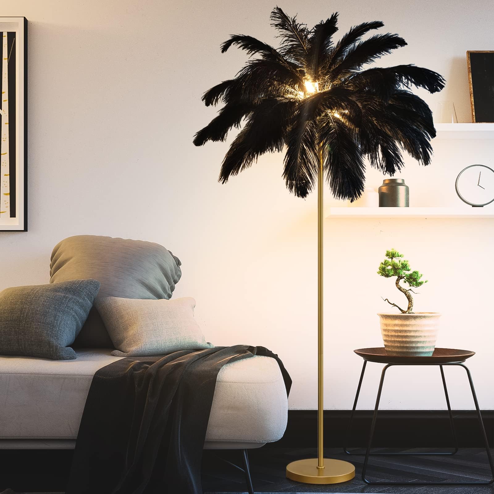 ANram Feather Floor Lamp LED Floor Lamp Dimmable Ostrich Feather Standing Lamp (160cm/66.9in),Black,Large