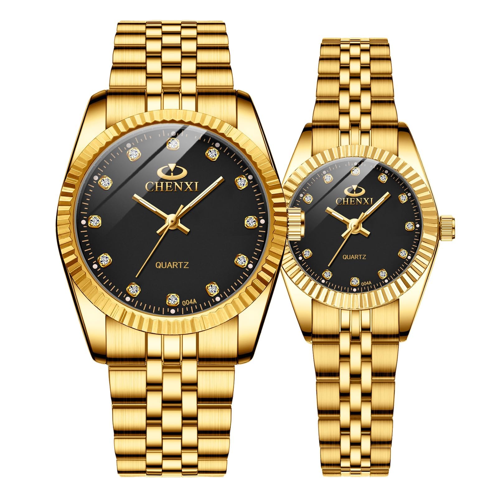 MASTOP Reloj clásico de acero inoxidable dorado para parejas para él y para ella reloj de cuarzo impermeable, Negro dorado, Reloj de cuarzo