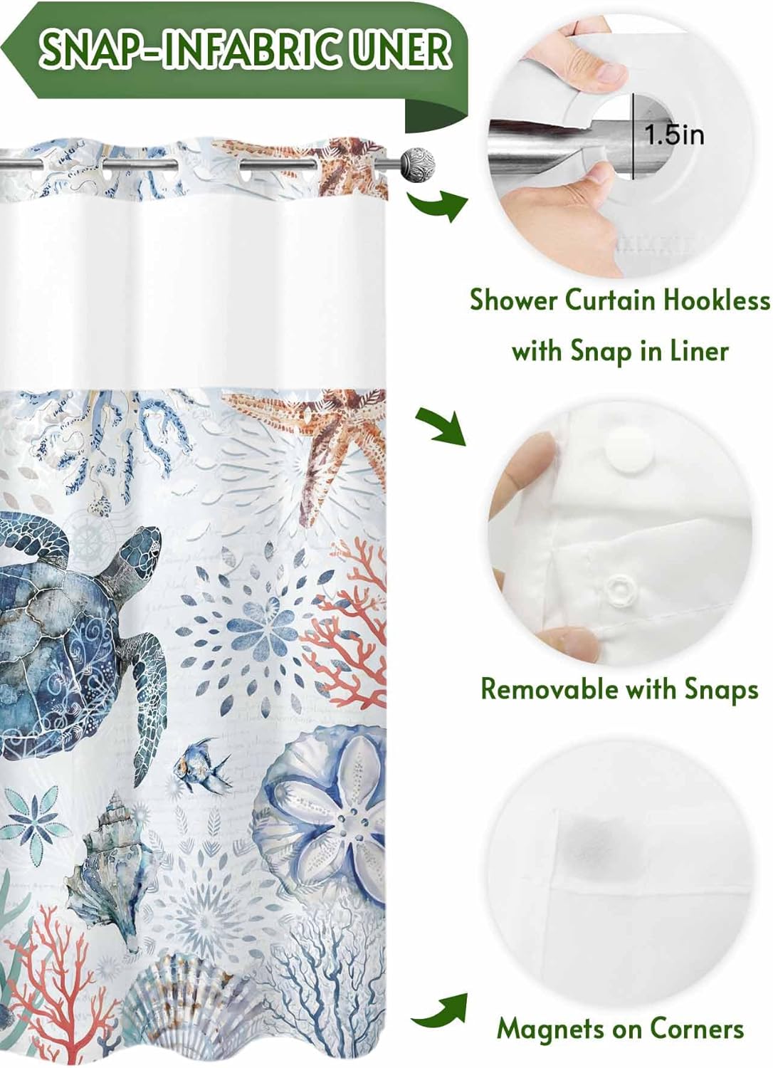 No Hook Shower Curtain with Snap in Liner, Sea Turtle Blue Ocean Shell Starfish Waterproof Bath Curtain Double Layers with See Through Top Window, Coral Marine Life Hotel Shower Curtains