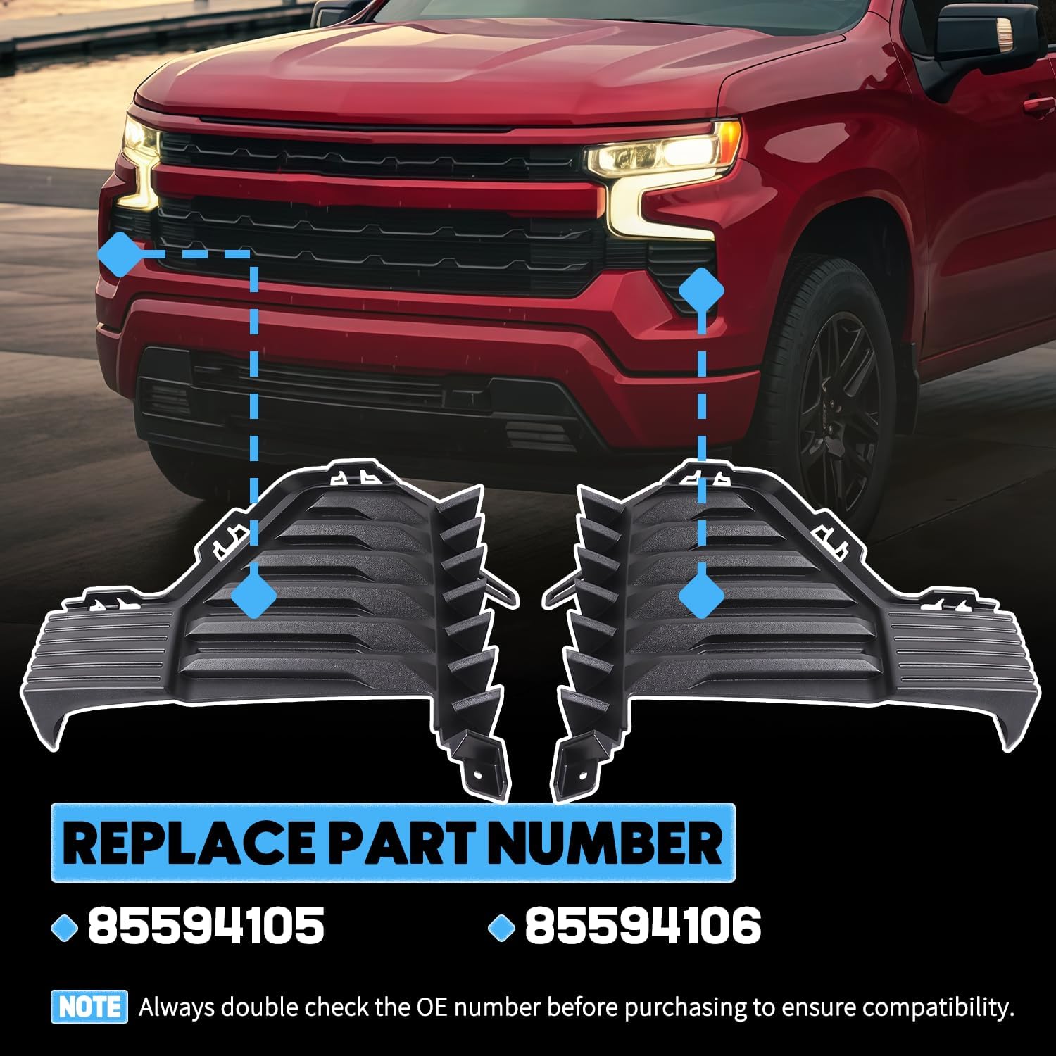 Front Bumper Air Duct Vent Cover Driver and Passenger Side 2PCS Fit For Chevy Chevrolet Silverado 1500 2022 2023 2024 2025 Lower Air Inlet Bezel Grille Replacement Replaces 85594105 85594106