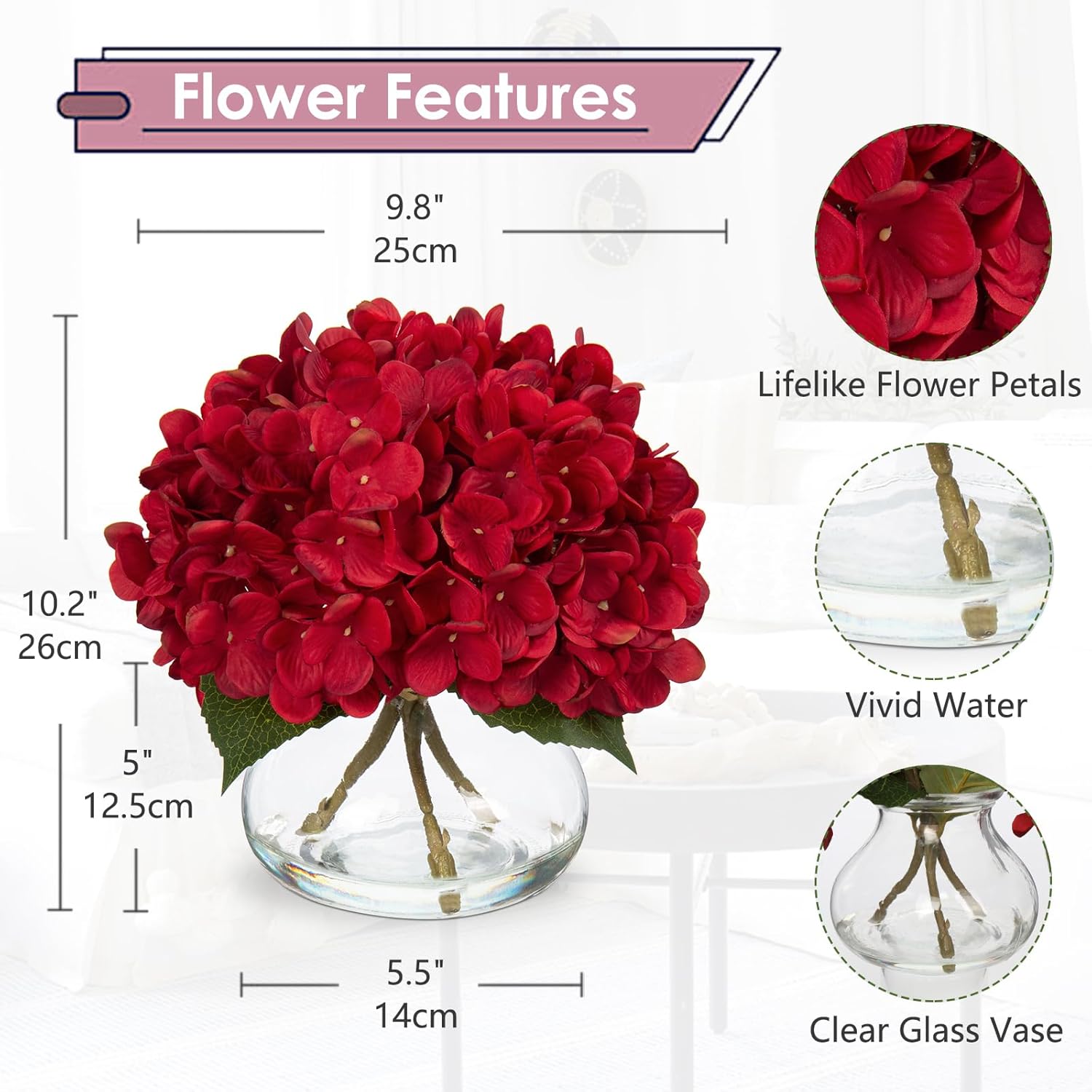 Hollyone Hydrangea Artificial Flowers in Vase Red Silk Fall Fake Flowers Arrangements with Glass Vase with Faux Water Faux Floral Bulk Bouquet for Office Table Centerpiece Shelf Home Decorations