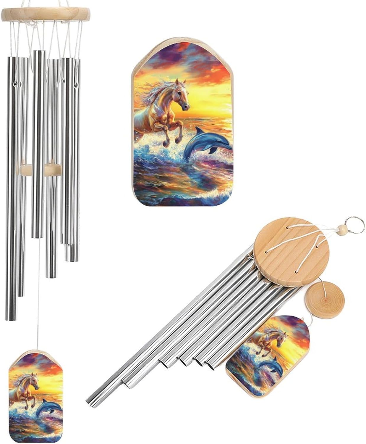Horse Dolphin Sunset Wooden Wind Chimes Deep Tone Memorial Windchime for Outside Garden Home Decoration