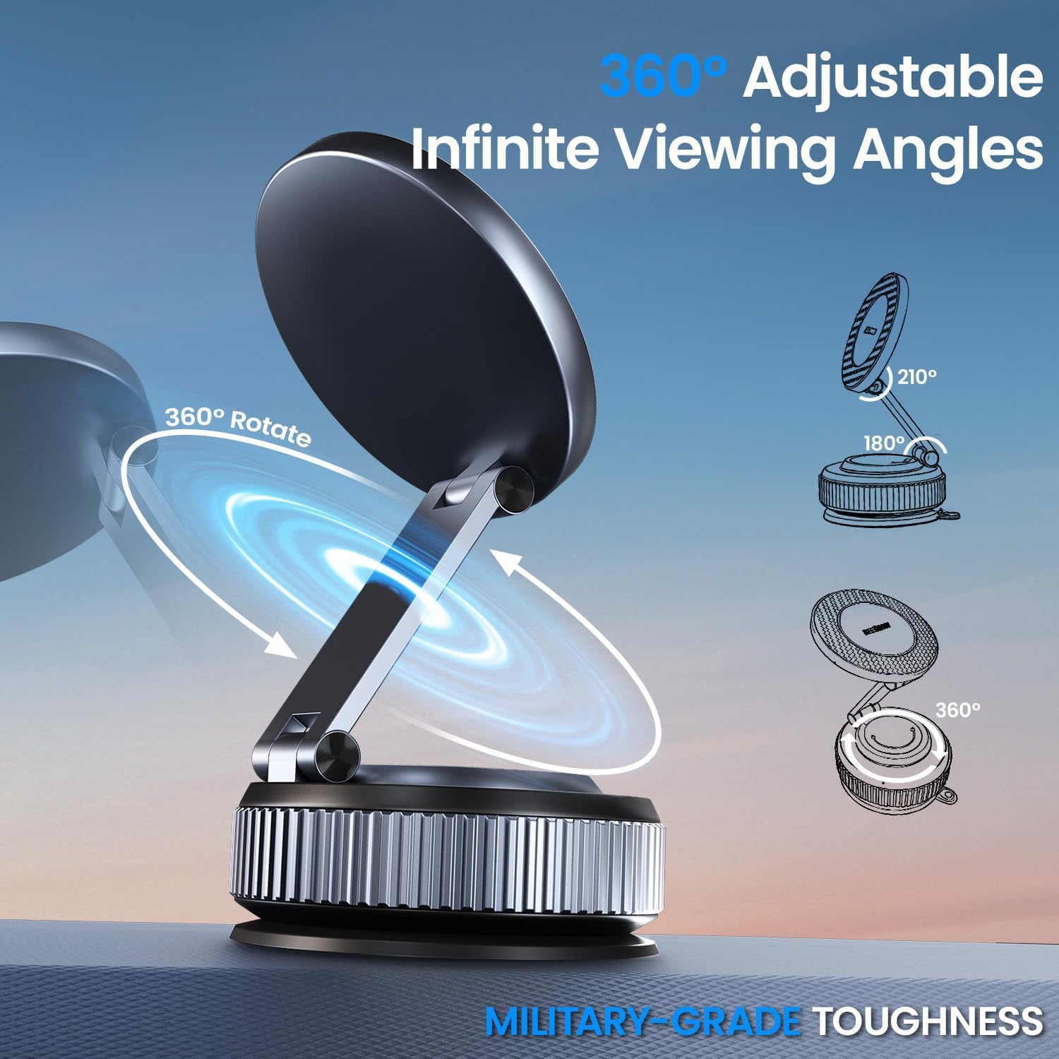 Magnetic Car Phone Holder for Magsafe, Alloy 360° Folding Cell Car Phone Mount with Ultra Stable Suction Cup and Reusable Gel, Dashboard Windshield Stand for iPhone 17-12 Android Pixel Samsung