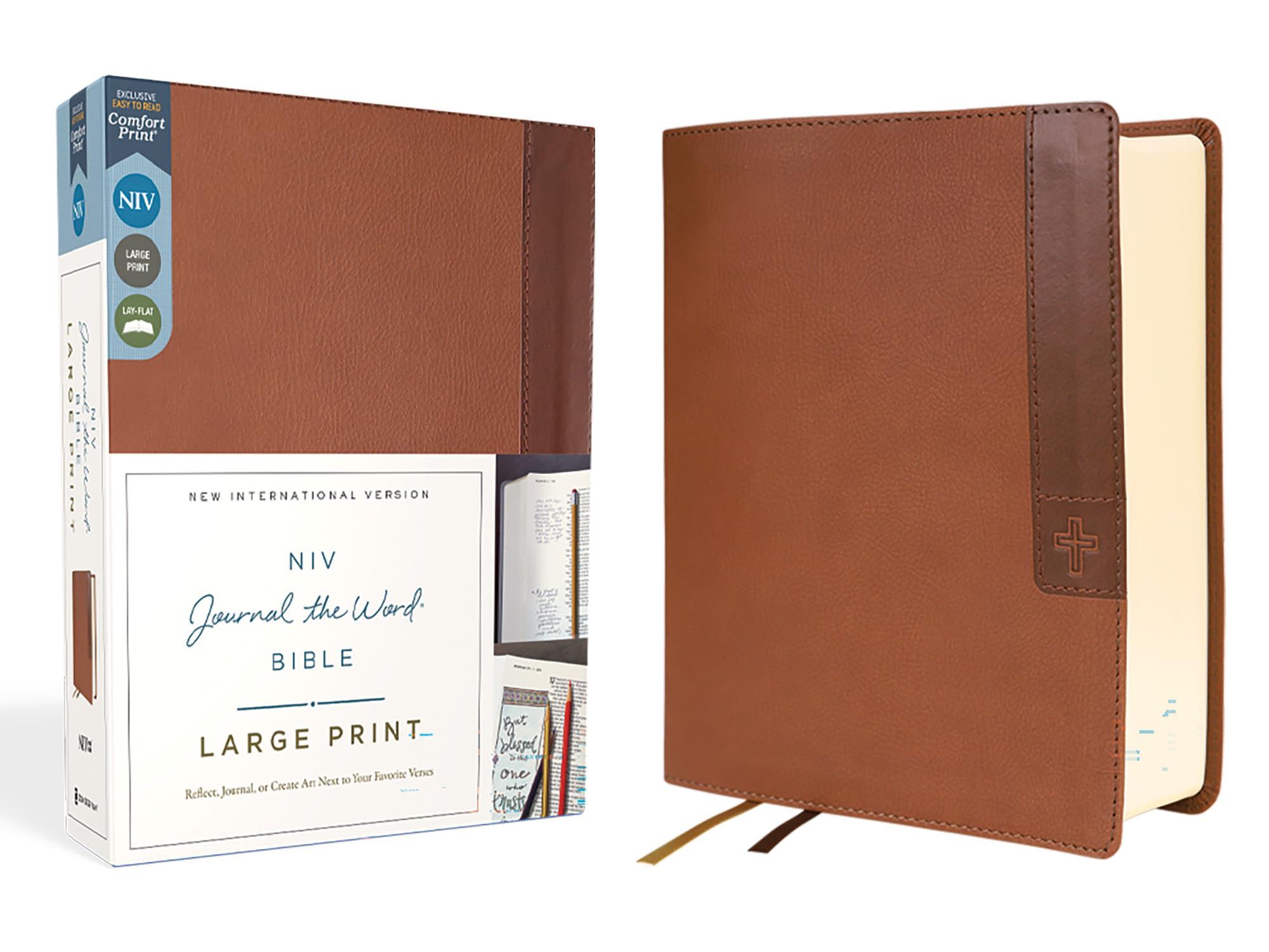 NIV, Journal the Word Bible (Perfect for Note-Taking), Large Print, Leathersoft, Brown, Red Letter, Comfort Print: Reflect, Take Notes, or Create Art Next to Your Favorite Verses