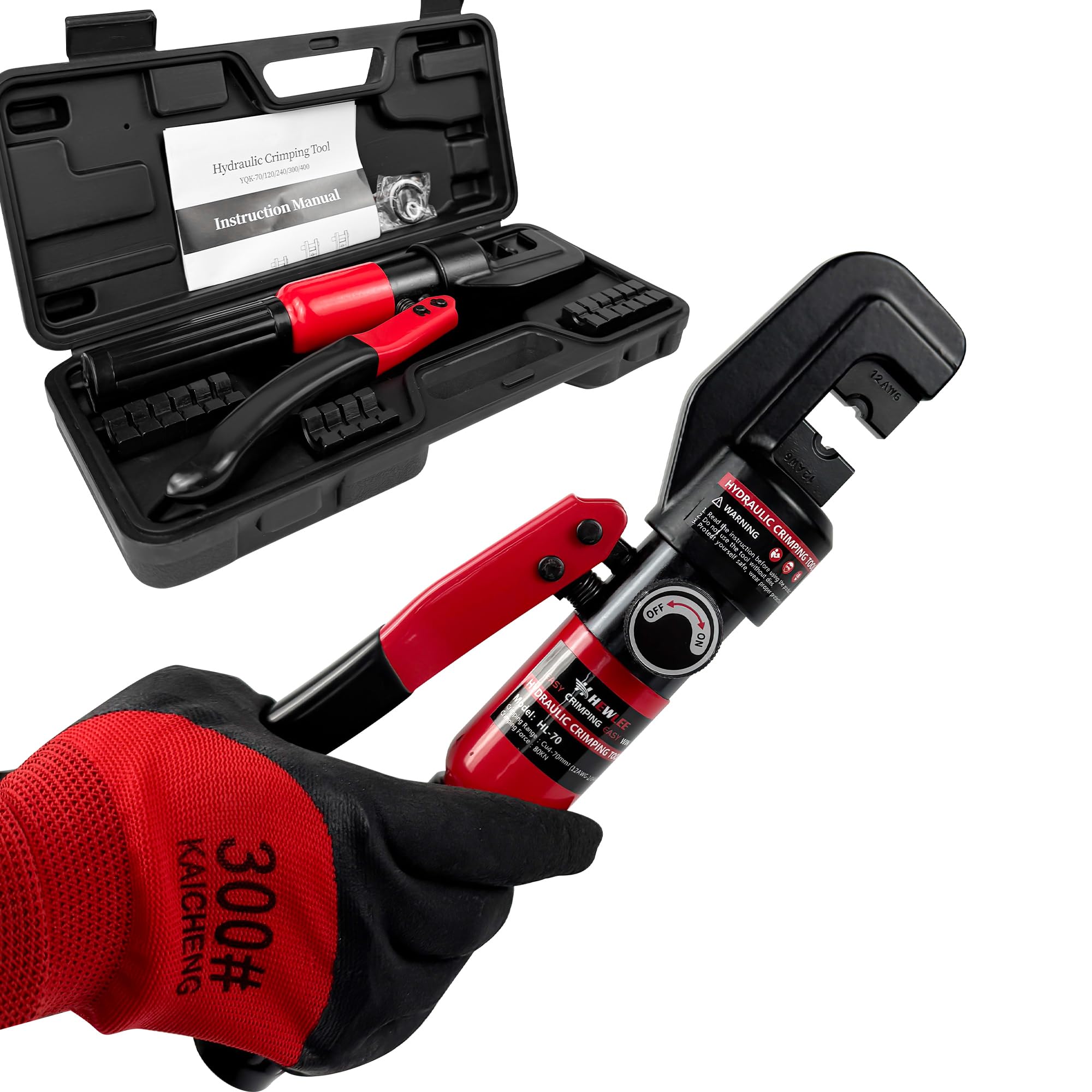 HHEWLEE Hydraulic Crimping tool for Battery Cable Crimper | 9 Pairs Standard US Dies Range 12AWG-2/0AWG | MAX 10TON Crimping Force | Upgrade the