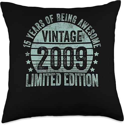 15 Year Old Vintage 2009 Limited Edition Bday Retro 15th Birthday Gifts Girls Boys Throw Pillow, 18x18, Multicolor