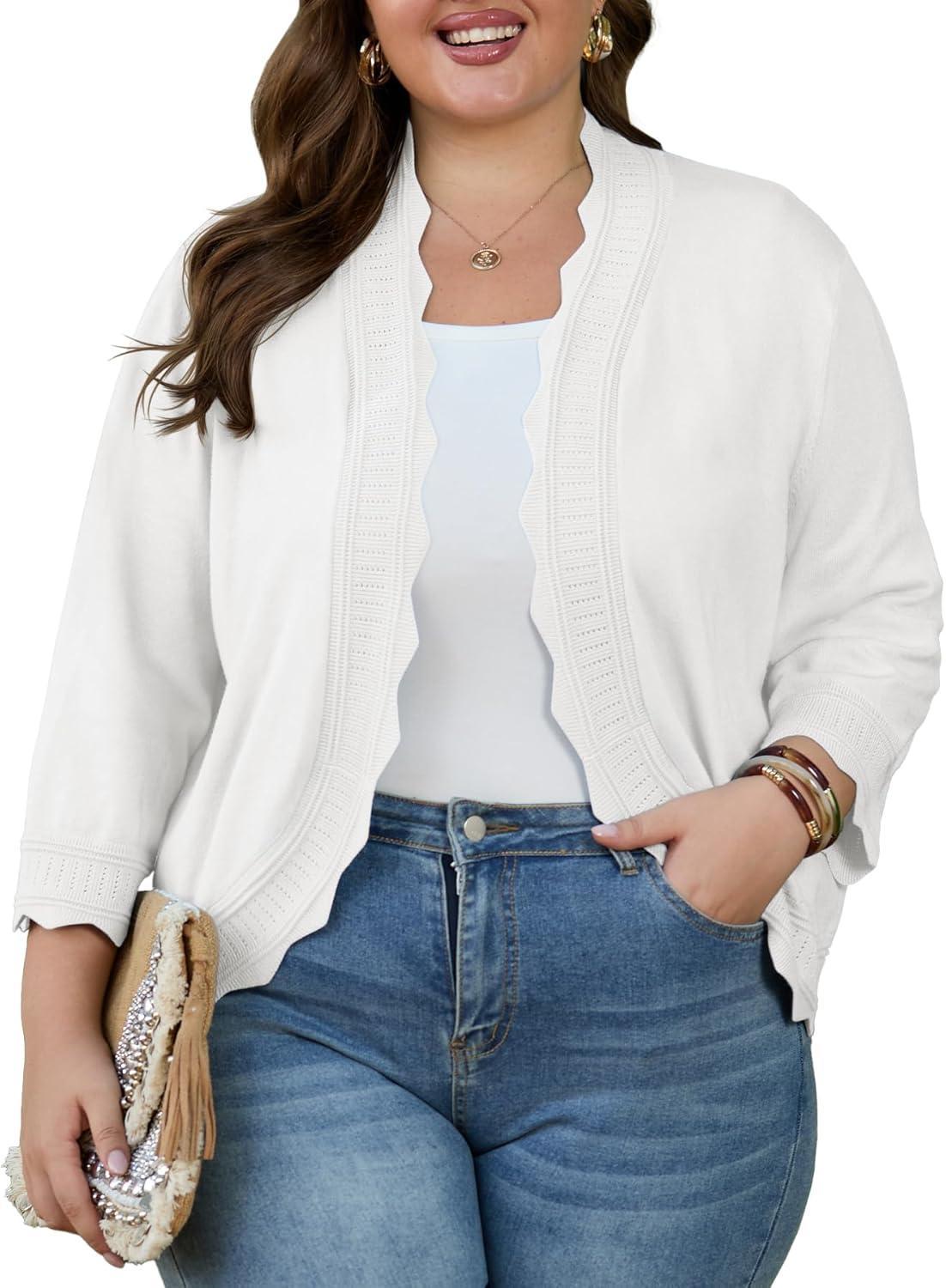 OLRIK Plus Size Cardigan for Women 3/4 Sleeve Lightweight Casual Open-Front Ribbed Wave Edges Knit Cropped Shrugs Sweaters