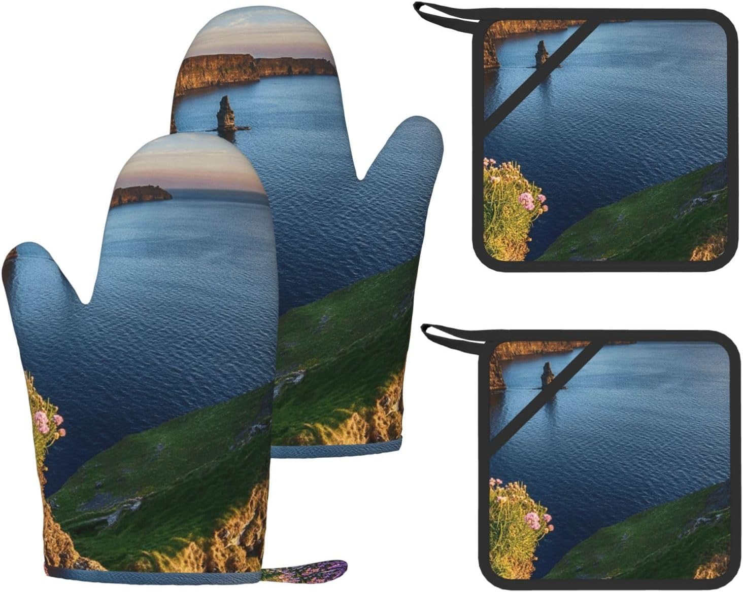 Ireland Outdoors County Clare The Cliffs Oven Mitts and Pot Holders Set of 4 Heat Resistant Kitchen Gloves with Silicone Palm Hot Pads for Baking Cooking Grilling BBQ