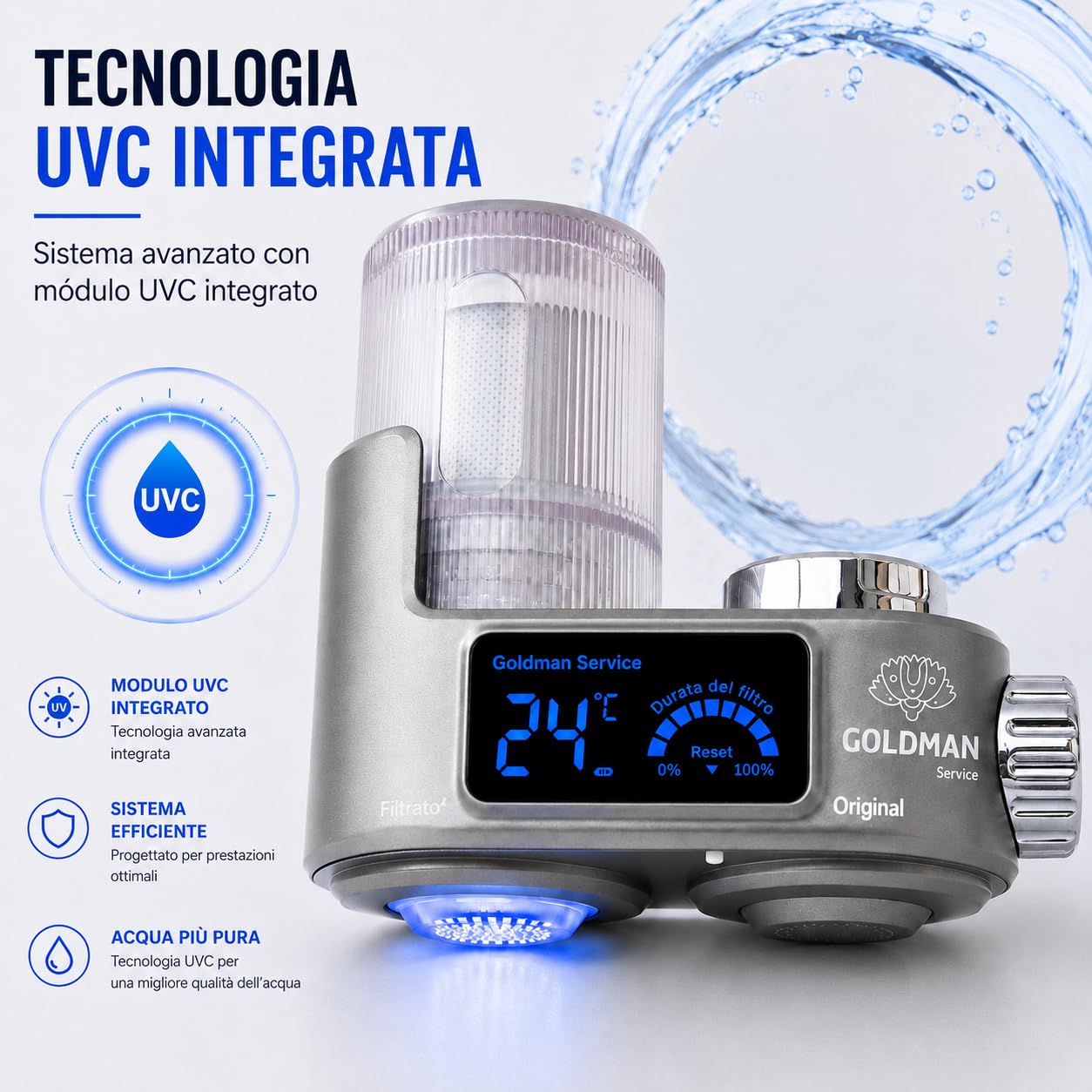 GOLDMAN SERVICE Filtro purificatore dell'acqua per rubinetto con display digitale, indicatore della temperatura in tempo reale, filtro di ricambio incluso e 6 adattatori universali